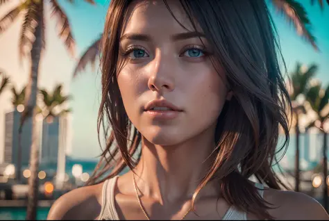 European woman in miami usa. Ultra detailed, 8K, HDR, Octane Render, Unreal Engine 5. Professionally rated color, atmosphere, incredible depth, rich colors, powerful images, psychedelic tones, 4K, 8K, masterpiece,...,