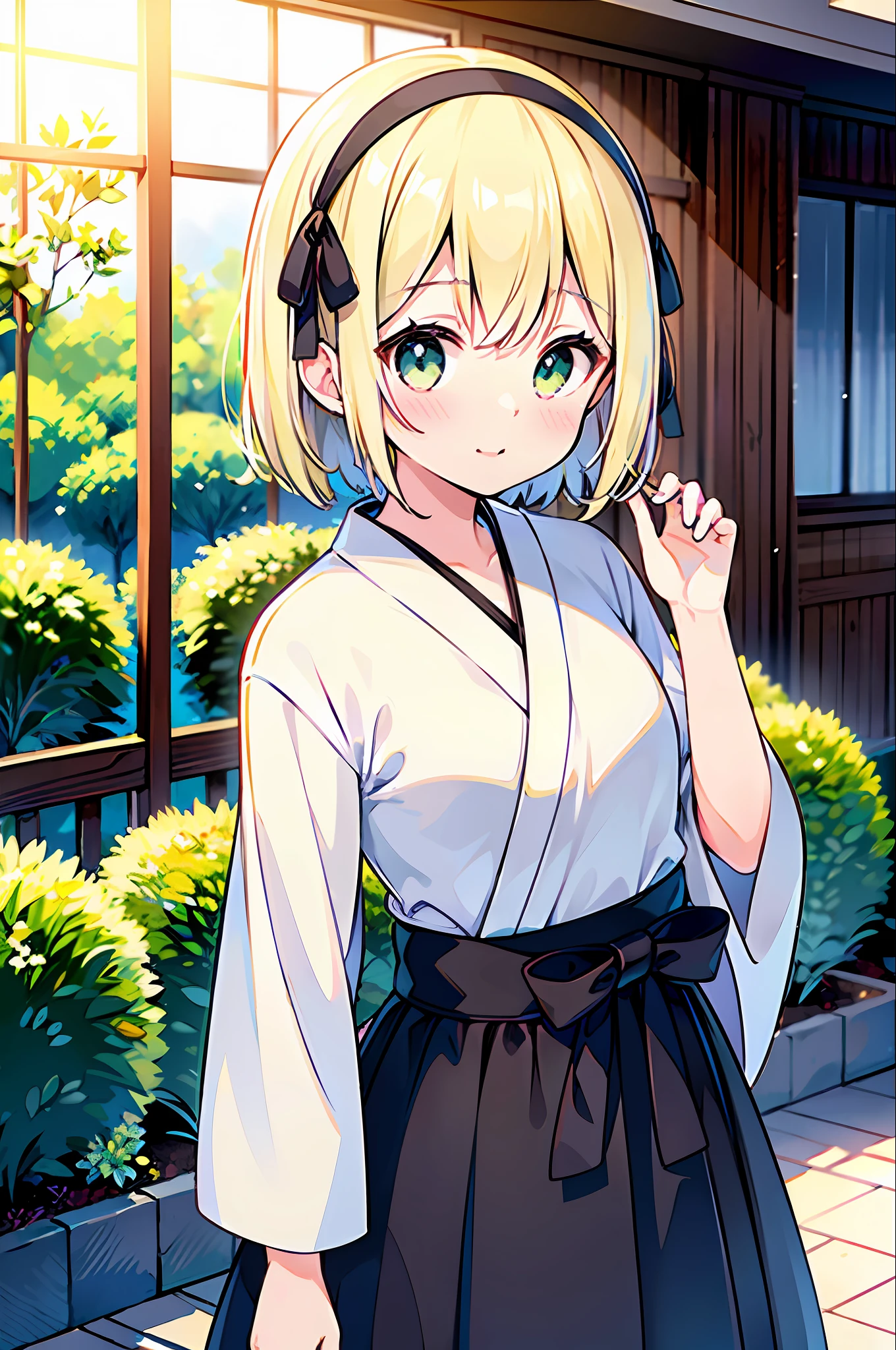 (top quality, super high resolution, 16 year old girl, short hair splashing outside the front, blonde, white hair band, light green eyes), small breasts, white street clothes, long black hakama, indoor