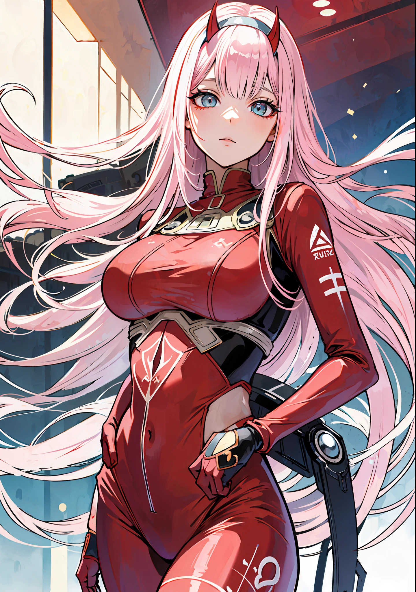 Masterpiece, top quality, best quality, official art, beautiful and aesthetic, anime, 1girl, Zero Two, extremely detailed, colorful, more detailed ((ultra-detailed)), (highly detailed CG illustration), solo, pink hair, pair of horns, verd s eyes, long hair, (focus on character), pilot outfit, red bodysuit with white details, science fiction, blood