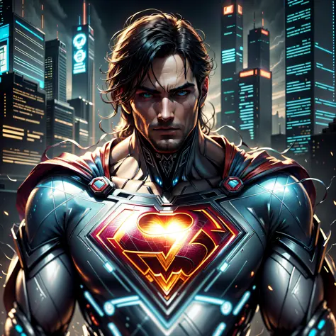 superman dc comics cyber punk style (masterpiece) (best quality) (detailed) (8k) (hdr) (wallpaper) (cinematic lighting) (sharp f...