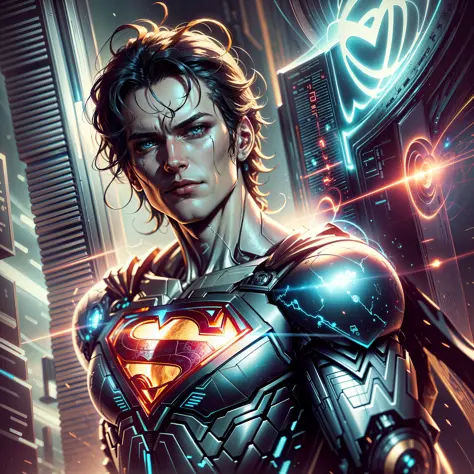 superman dc comics cyber punk style (masterpiece) (best quality) (detailed) (8k) (hdr) (wallpaper) (cinematic lighting) (sharp f...