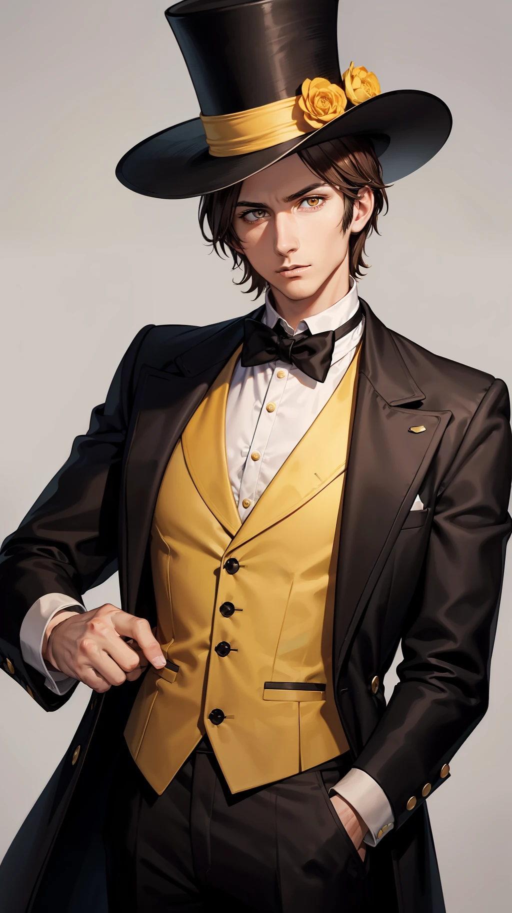 A 28-year-old man, brown hair and yellow eyes besides he has a dryer on his face, his clothes are black with some white details and also he wears a top hat, he is a traveling tailor