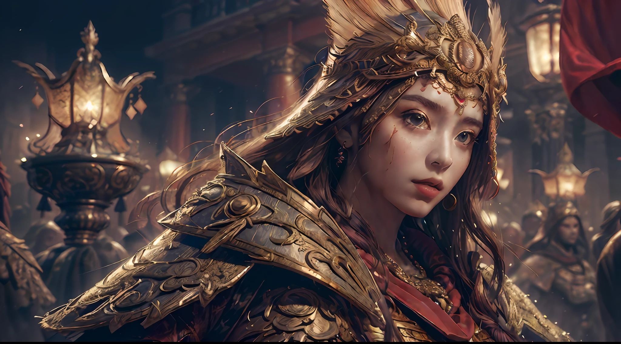 ((masterpiece))), (((best quality))), ((ultra-detailed)), (hyperrealistic), (highly detailed CG illustration), cinematic light, photorealistic ,extremely beautiful young lady, (beautiful face and lips), light makeup, big breast,  intricate detailed eaba, red cape, spear, trending on artstation.