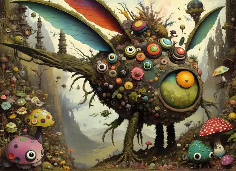 gonzobugs moss monster with pointy ears, big eyes, colorful mushroom cluster clinging from its back, in the style of cybermystic...