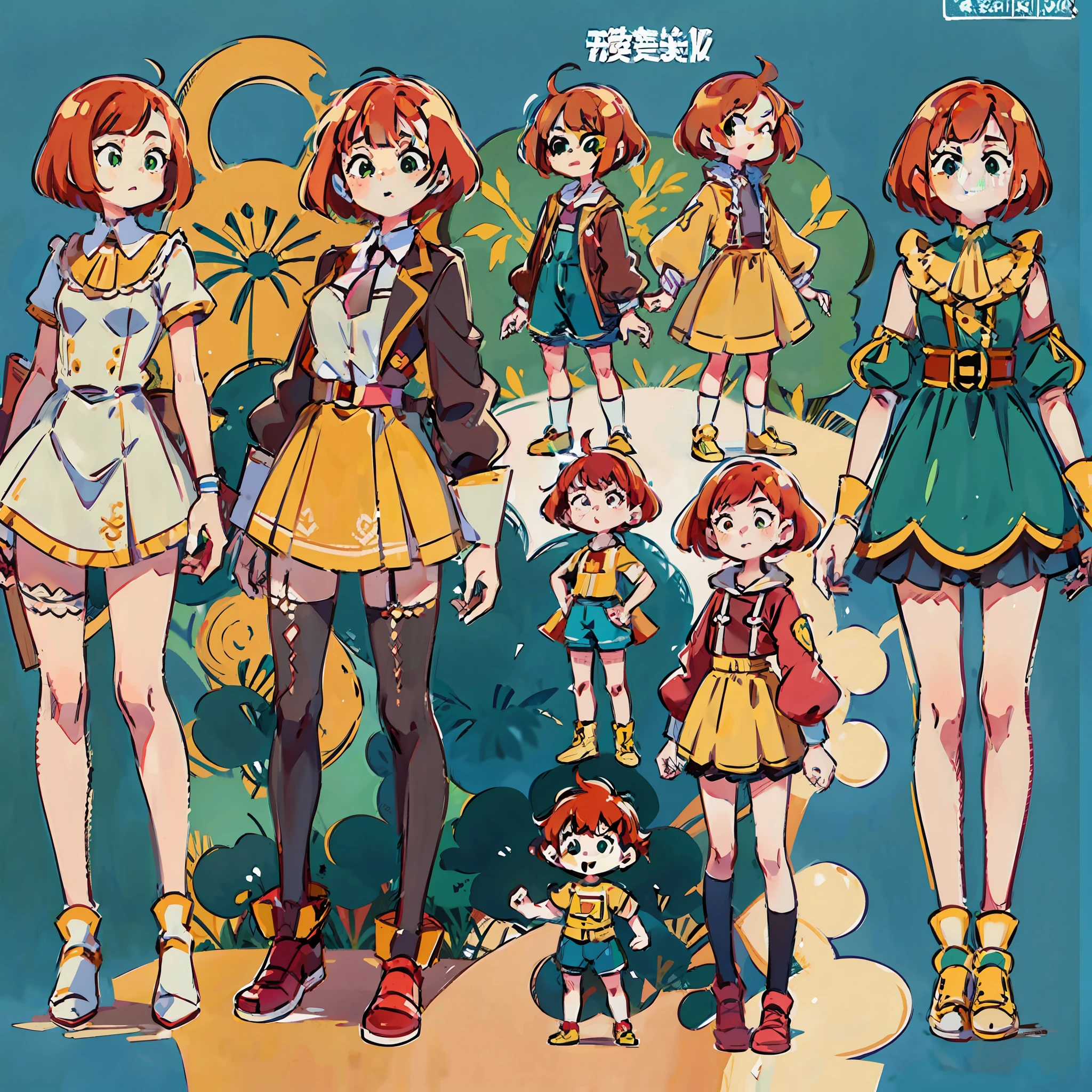 there are four different same character views, yellow dresse same character with short red bob style hair with bangs, madeline from celeste, human game protagonist designs, colored concept art, full body character design, anime character reference sheet, full body character concept, [ character design ], character reference, character concept reference art, full body character concept art, full character design, stylized character design, anime character design, character designs. Red hair bob, young girl, cute child,  green eyes, cute old fashion dress with brown shoes, long legs.