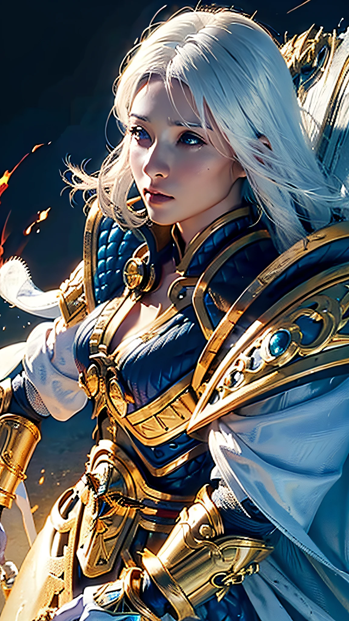 Official Art, Unity 8k Wallpaper, Ultra Detail, Masterpiece, Best Quality, One Woman, (Very Detail), Dynamic Angle, Mystical Expression, Fire Glowing Effect, Fantasy Background, Rim Lighting, Side Light, Cinematic Light, Ultra High Definition, 8k UHD, Film Grain,Best Shadow, Delicate, RAW, Light Particles, Detailed Skin Texture, Detailed Gem Armor Texture, Detailed Face, Complex details, ultra detailed, bright, strong, gold armor, cleavage, have glowing weapons, hold shields, pole dron, (((white hair)), shining white eyes, long blue cloak, fantasy, (realistic),