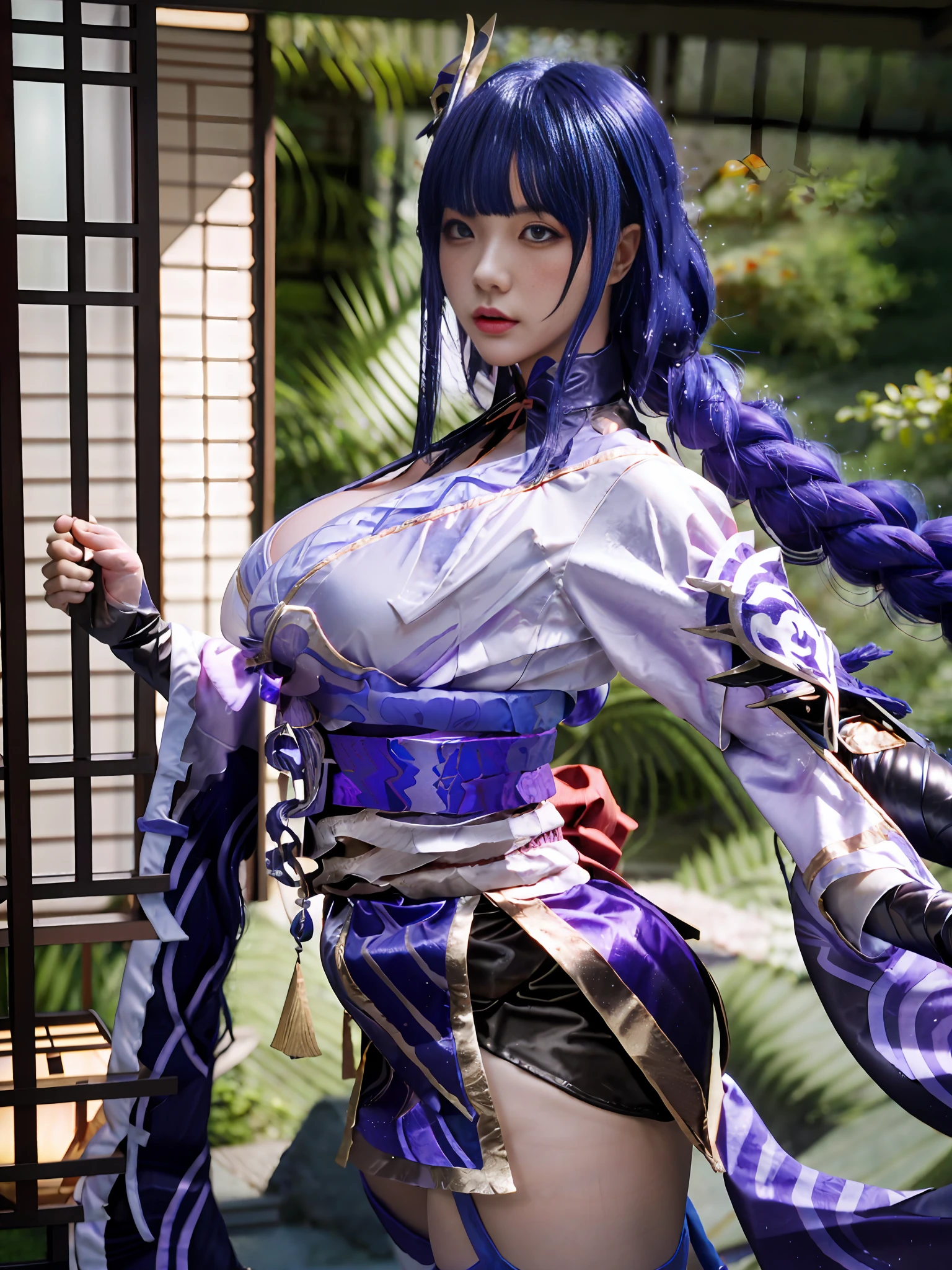 Renderização realista do Unreal Engine 5, usando cosplay Raiden Shogun do traje original genshin impact, modelo gostosa coreana, cabelo com franja frontal, rosto bonito, parte superior do corpo é hiper-realista, músculo grosso e hiper maior_seios!! com o tipo de peitos_melões, inferior são nádegas enormes, corpo molhado e brilhante