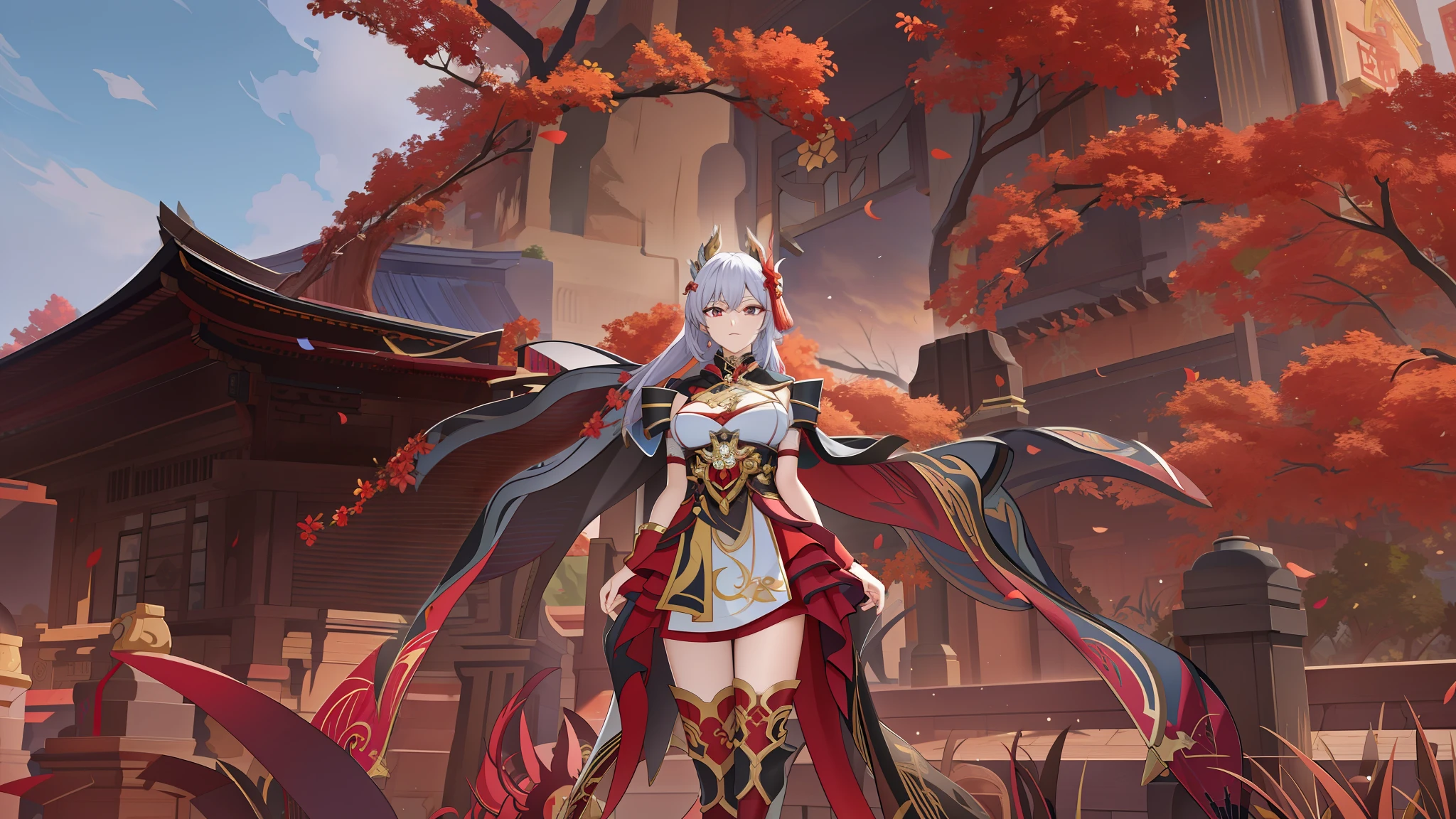 ((Best Quality)),((Masterpiece)). (Detail:1.4),3D Anime - style image of a woman in a red dress standing in front of a building, Ayaka game Genshin Impact, Ayaka Genshin Impact, Kitsune-inspired armor, Onmyoji, Keqing from Genshin Impact, blade and soul, sharp silver armor fuchsia skin, Onmyoji detailed art, complete dress of lava showcase, Genshin Impact character --auto --s2