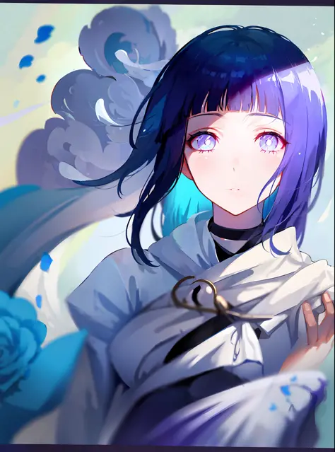 Hinata Hyuga, blue hair, pale white skin, empty eyes, holding white rose blossom,