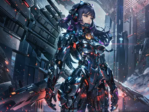 anime character with futuristic armor standing in a city, girl in mecha cyber armor, cyberpunk anime girl mech, digital cyberpun...