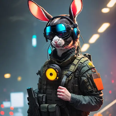 (Best quality),(masterpiece),(ultra detailed),(high detailed),(extremely detailed),photorealistic cyberpunk rabbit wearing a cyb...