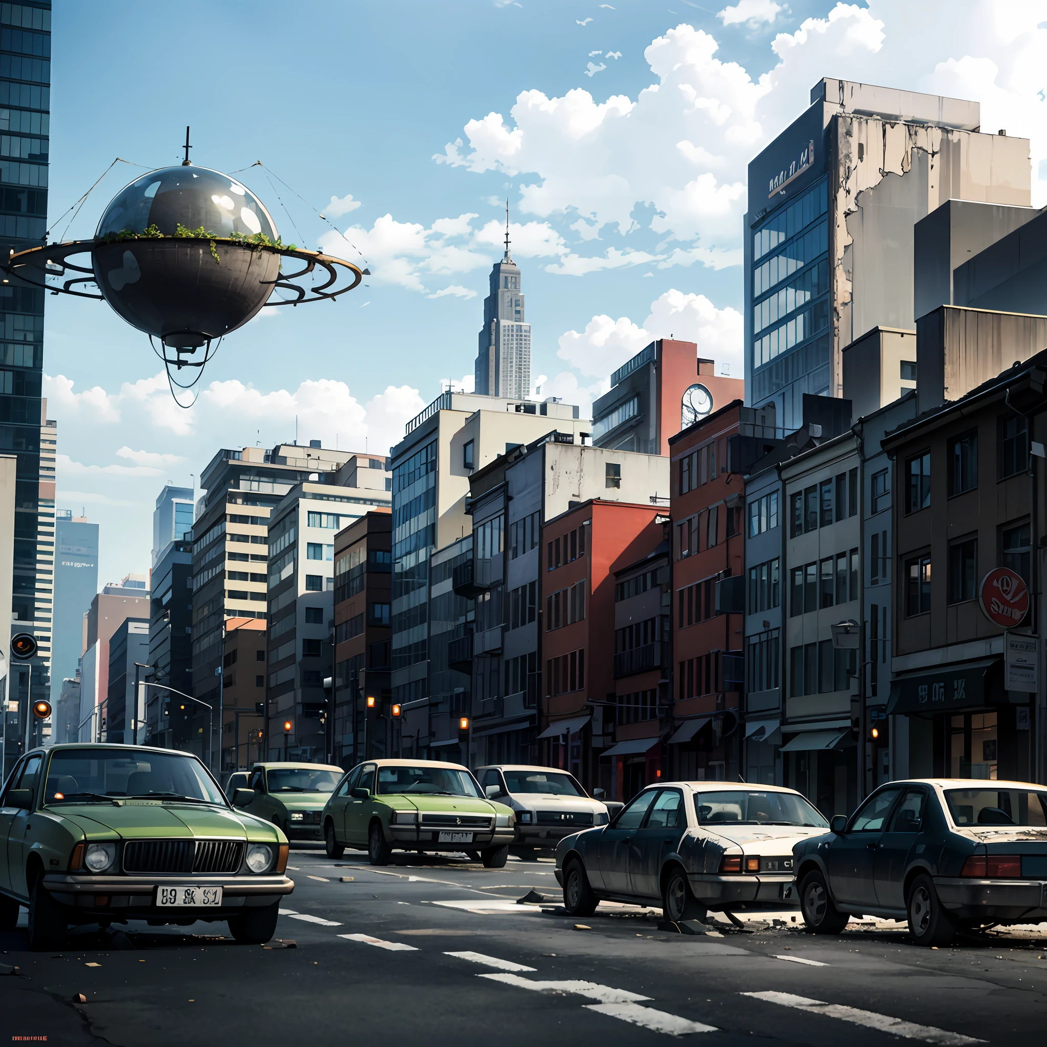 create a street with all the buildings destroyed, cars abandoned and burned in the middle of the street, and descending from the sky a being from another planet, with mossy green skin, very thin, high quality image, cinematic image, realistic image, --auto --s2