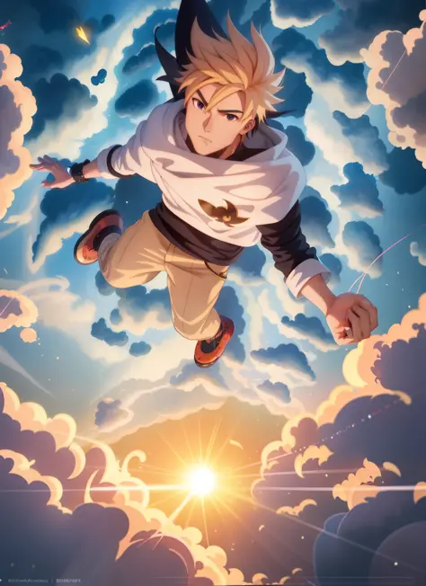 a man flying through the air with a kite in the sky, 4 k manga wallpaper, anime wallaper, anime style 4 k, epic anime style, key...