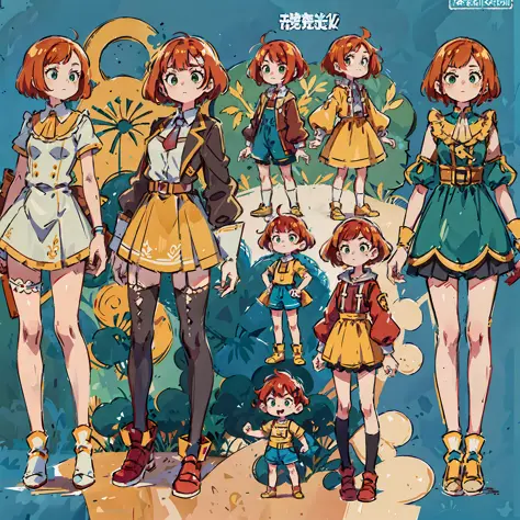 there are four different same character views, yellow dresse same character with short red bob style hair with bangs, madeline f...