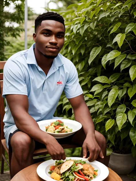 there is a young man sitting at a table with a plate of food, around 1 9 years old, godwin akpan, album photo, frontal picture, ...