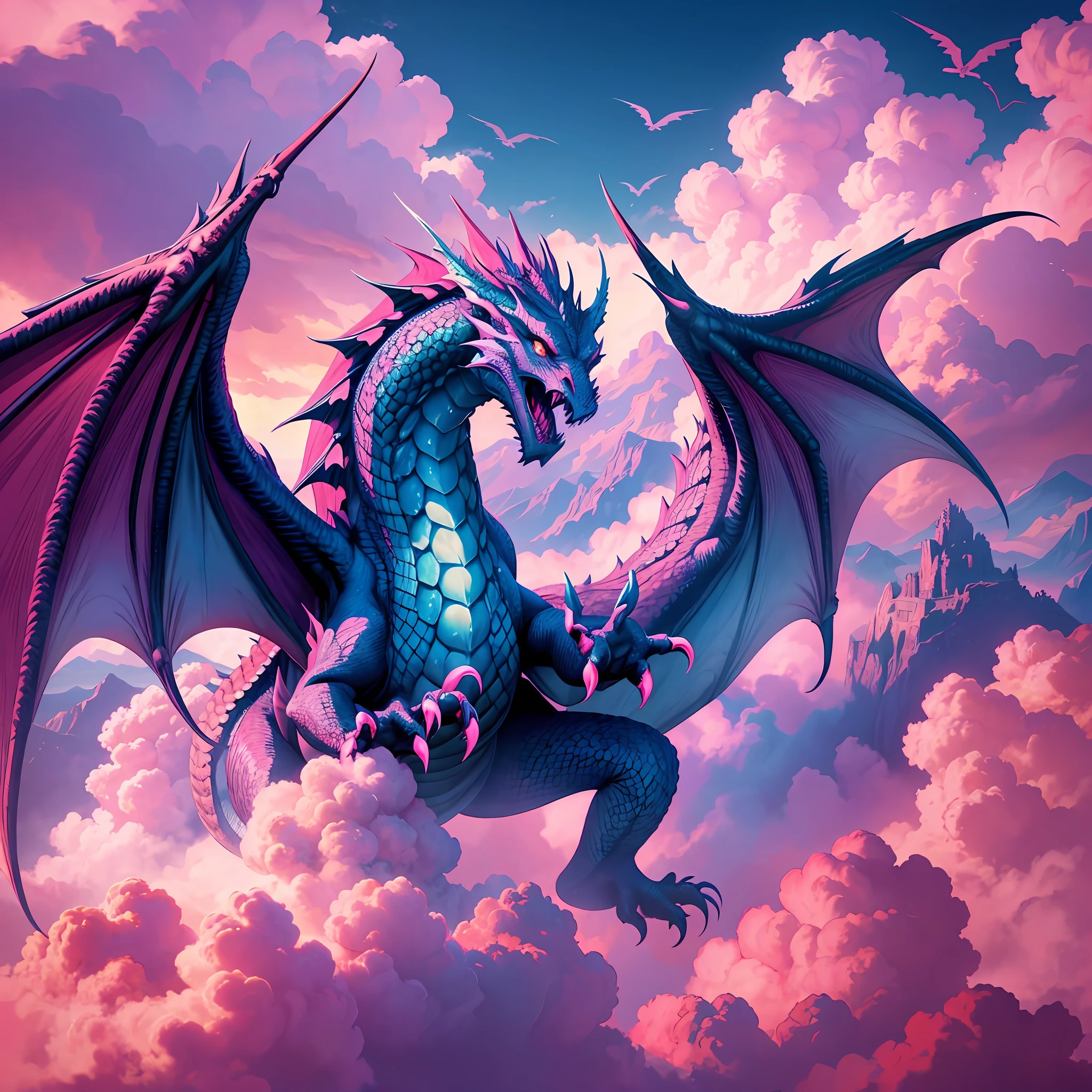 Imagine A 7-headed Dragon, Flying Over A Sea Of Pink And Blue Clouds 