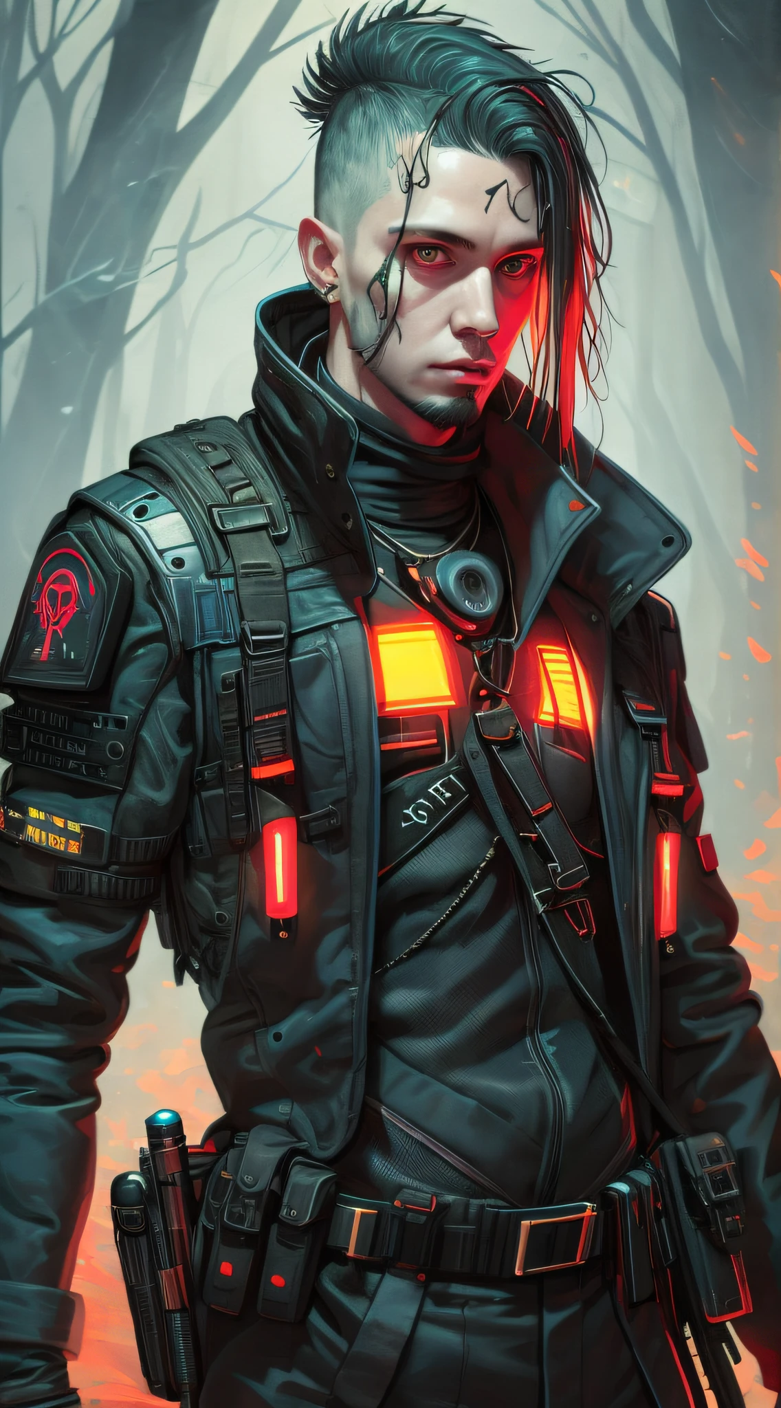 (melhor qualidade),(Obra de arte),(ultra detalhado),(Alto detalheed),(extremamente detalhado),A Highly detailed digital painting of a ciberpunk assassin dressed in black with a ciberpunk headset and tactical gear. O estilo de Simon Stalenhag, Alexei Savrasov, e Victor Vasnetsov, Retrato de um homem com tatuagens no corpo, ciberpunk, realista, Alto detalhe, arte conceitual, ilustração, Obra de arte of graphic design, ciberpunk