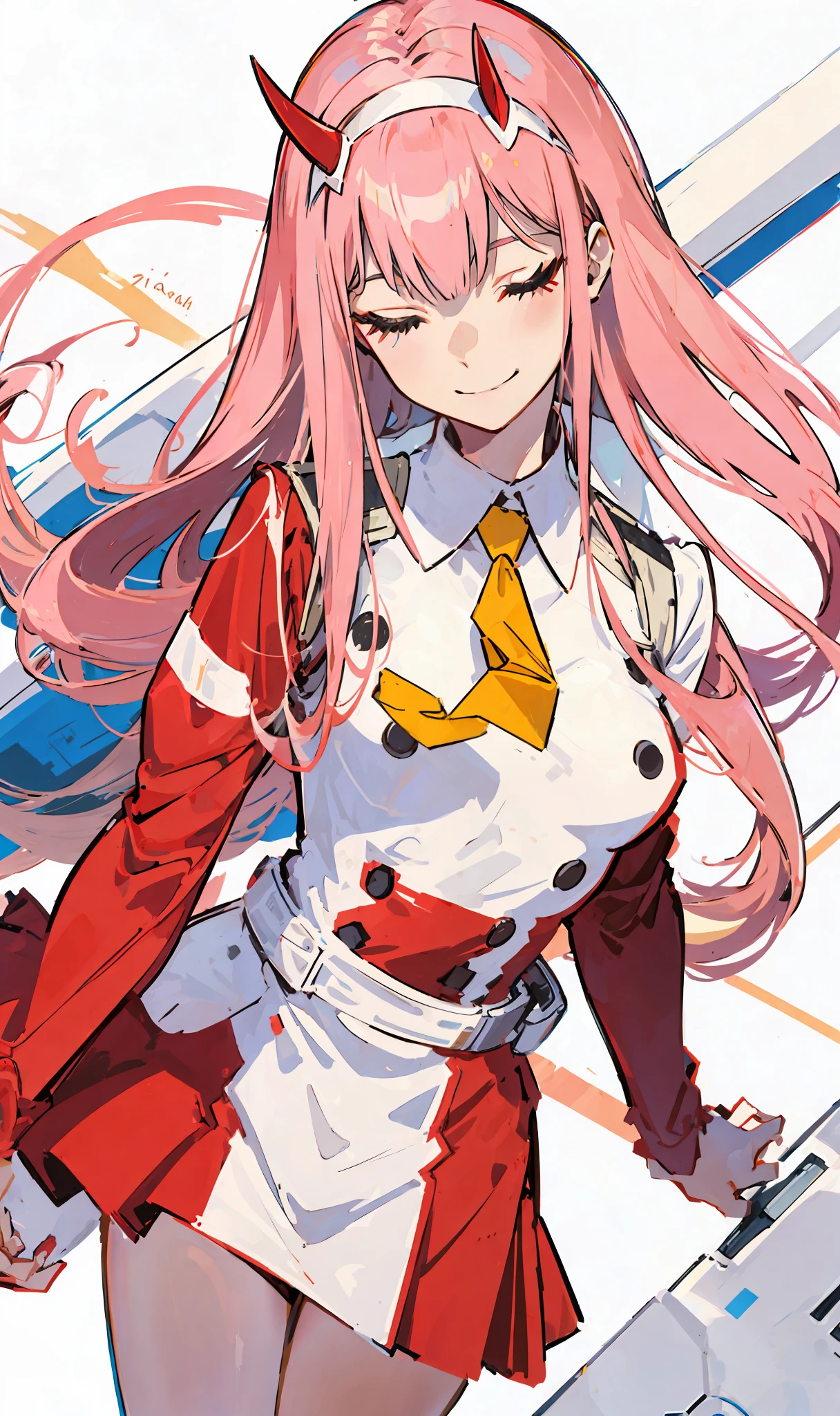 null zwei \(Liebling im Franxx\), Liebling im Franxx, 1 Mädchen, Streifen, morder, Schatten,  lange Haare, kleine Brüste, große Oberschenkel, bilden, Rotes Kleid mit Details, gelbe Krawatte, geschlossene Augen, lächelnd, Paar kleine rote Hörner, pinkes Haar, Pilotenanzug, roter Body mit weißen Details, Schatten vermelha, straffe Haut, Allein