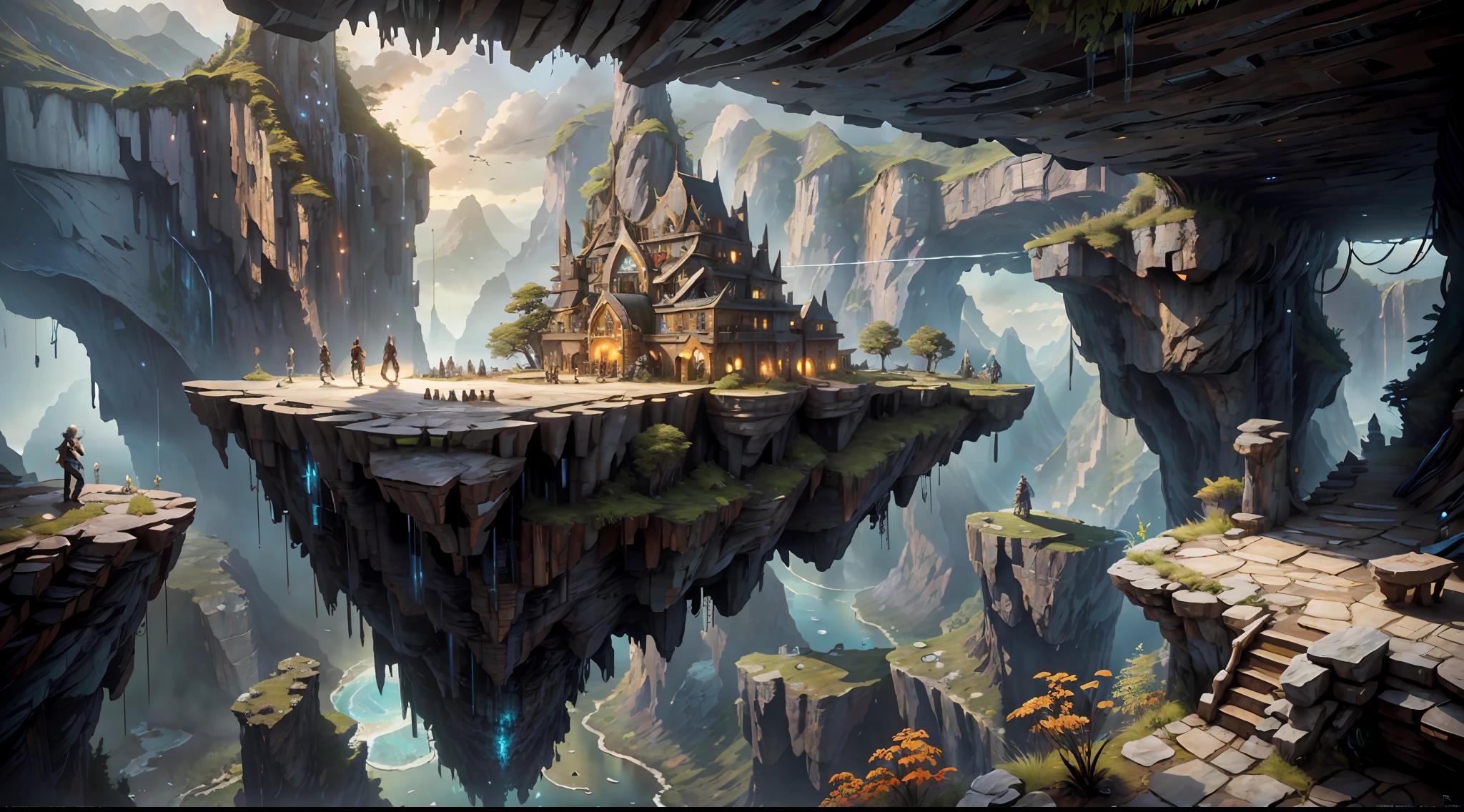 Movie, Relaxation Concept Art, Very Detailed Multiplayer Scene Interactivity, (Man), Woman, Beautiful Artwork Illustration, Detailed Landscape, Highly Detailed Scene, Environmental Design Illustration, Nature, Center Epic Building, Warmth, Night Glow, Original, HDR, (Cliff, Waterfall, Abyss, Rock, Cliff Edge House:1.3), Movie, Slate Grey, Dramatic Light, Architecture, Man Woman, Post-Impressionism, Key Vision, Biophilic Tanzania Bridge, At Twilight, Hair Light, Hearthstone artwork, Unreal Engine