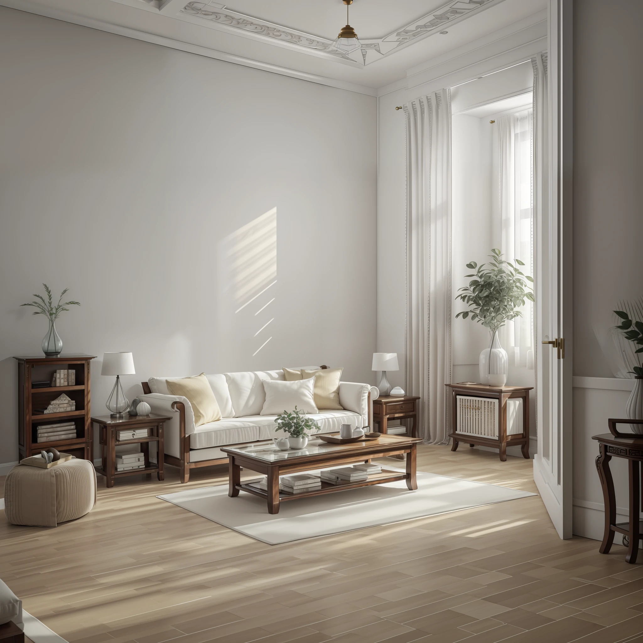 Isometric room, pure white background, best quality, ((low polygon), (hyper-realistic, uniform 8k wallpaper), (best quality), (best illustration), (best shadow), ((living room)), Chinese style, pastel tones, light curtain, carpet, wine cabinet, cotton and linen sofa, wooden furniture, soft light, plants, painting, vase, octane rendering, ray tracing, super detailed --auto --s2