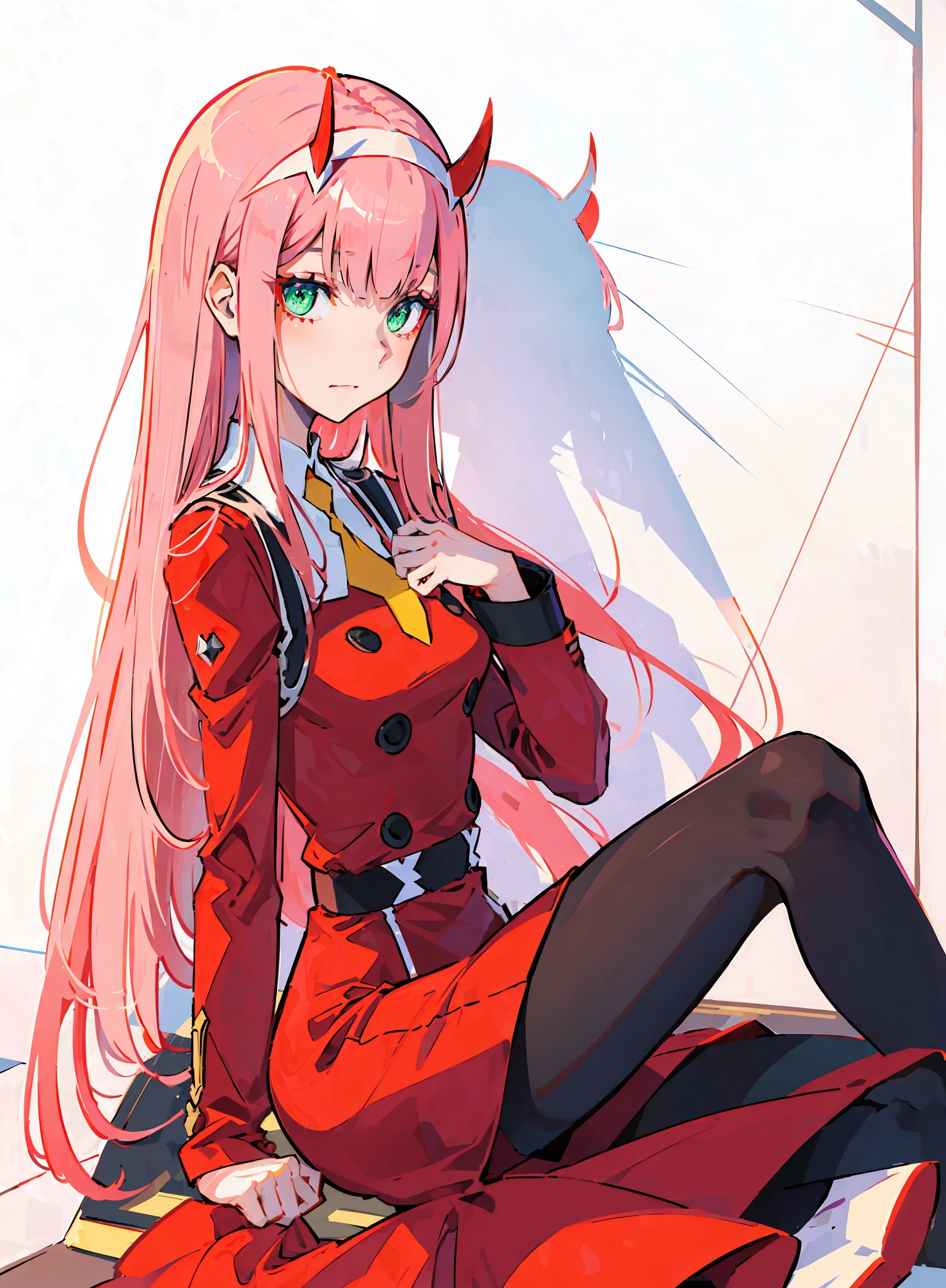 zero two \(darling in franxx\), darling in franxx, 1girl, bangs, bite, shadow, long hair, small breasts, large thighs, makeup, red dress with details, yellow tie, belt, Pantyhose, green eyes, pair of small red horns, pink hair, red eyeshadow, tight skin, solo