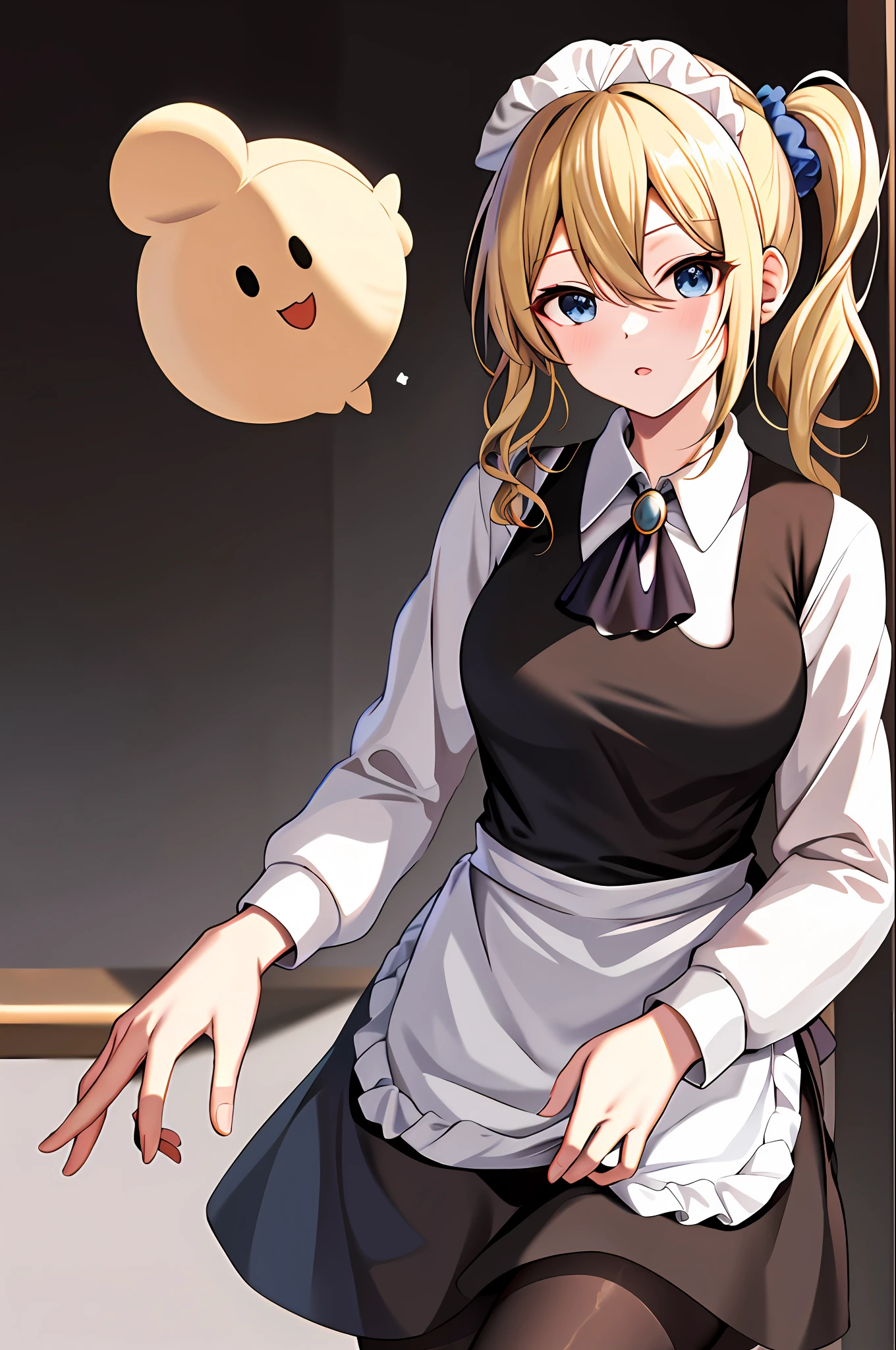 masterpeace, best quality, highres, 1girl, hayasaka ai, solo, blonde hair, maid, blue eyes, side ponytail, hair scrunchie, hair ornament, blue scrunchie, maid headdress, apron, hair between eyes, breasts, long sleeves, bangs, white shirt, black dress, sidelocks, maid apron, black pantyhose,  cowboy shot,