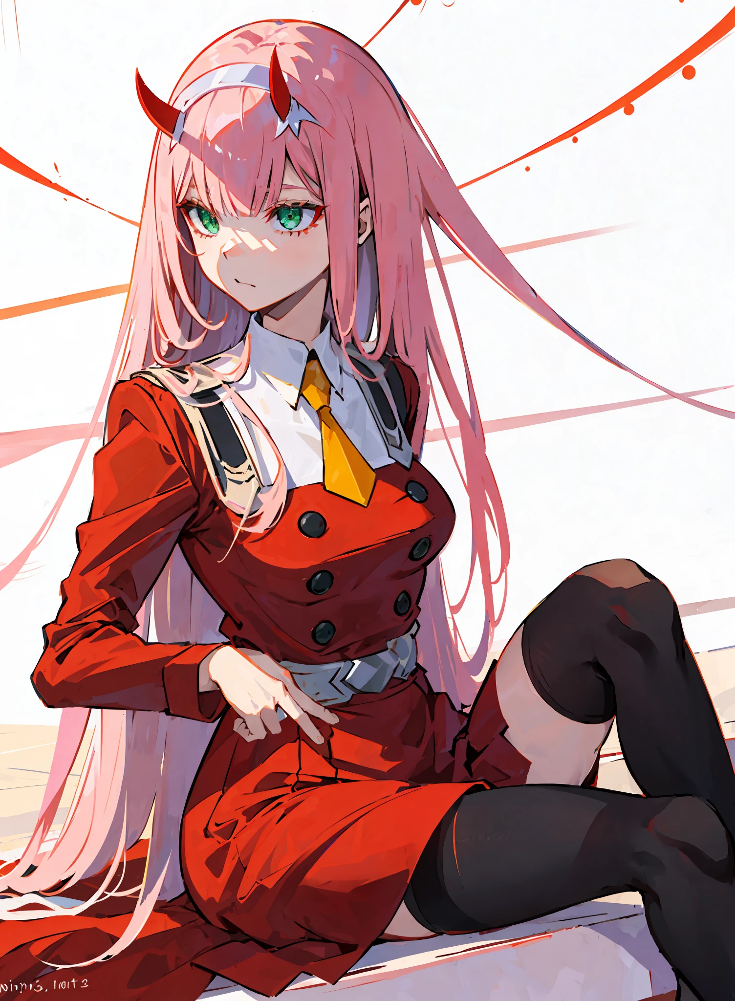 zéro deux \(chérie en franxx\), chérie en franxx, 1fille, frange, Mordre, ombre, cheveux longs, Petits seins, grosses cuisses, se maquiller, robe rouge avec détails, Cravate jaune, ceinture, collants, yeux verts, paire de petites cornes rouges, cheveux roses, red eyeombre, peau tendue, seulement