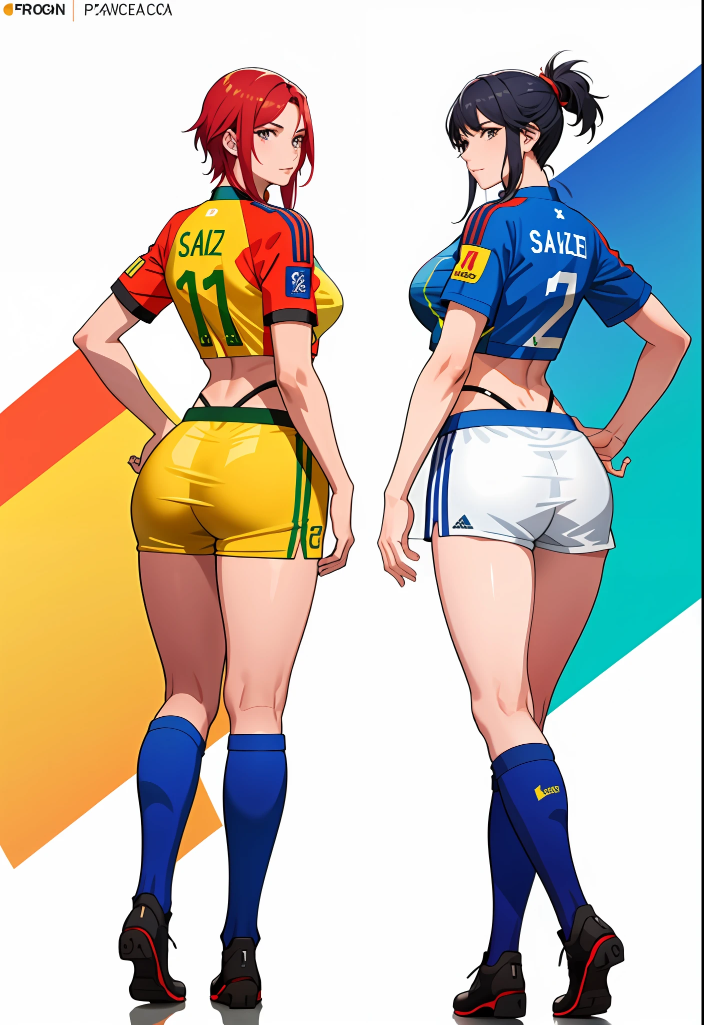 Two women in soccer uniforms are standing next to each other - SeaArt AI