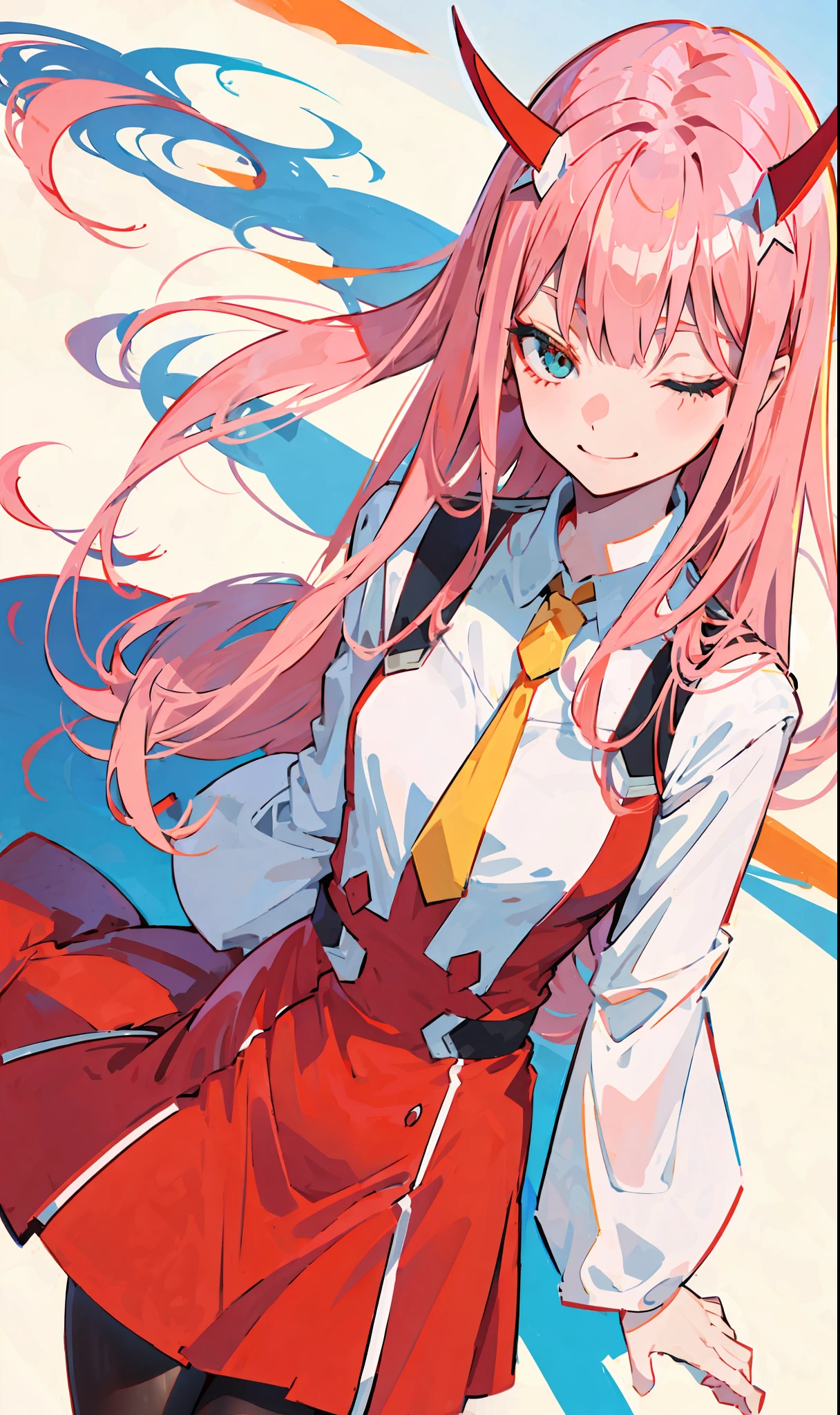 zero dois \(querido em franxx\), querido em franxx, 1 garota, franja, Morder, sombra, cabelo longo, seios pequenos, coxas grandes, Inventar, Vestido vermelho com detalhes, gravata amarela, meia calça, olhos fechados, sorrindo para o espectador, par de pequenos chifres vermelhos, cabelo rosa, red eyesombra, pele esticada, Sozinho