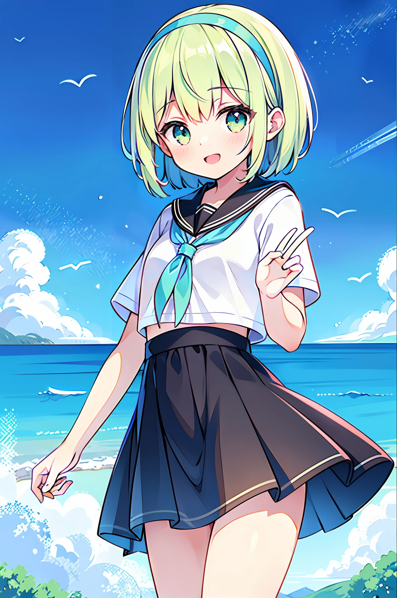 Top quality, super high resolution, 16 year old girl 1 person, short hair splashing outside the front, blonde hair, light green eyes, small, (white hair band), sailor suit, street, smiling