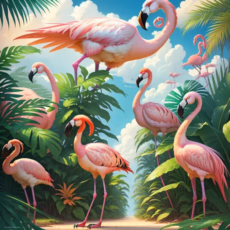 there is a flamingo standing in the middle of a jungle, flamingo, 8k high  quality detailed art, beautiful digital artwork, 4k highly detailed digital  art - SeaArt AI