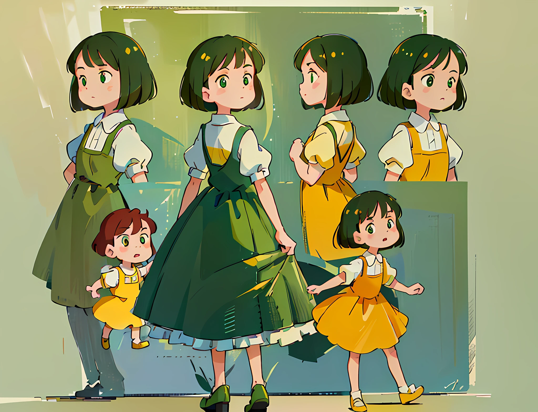 (master piece, high quality, 8k)  (full body) (same character front, back, side view) (model sheet) (multiple views of the same character) . 8k, (RAW photo, best quality), beautiful detailed green eyes, extremely detailed eyes and face, perfect anatomy, an extremely delicate and cute cubby face, short bob style red hair, adorable yellow dress.
