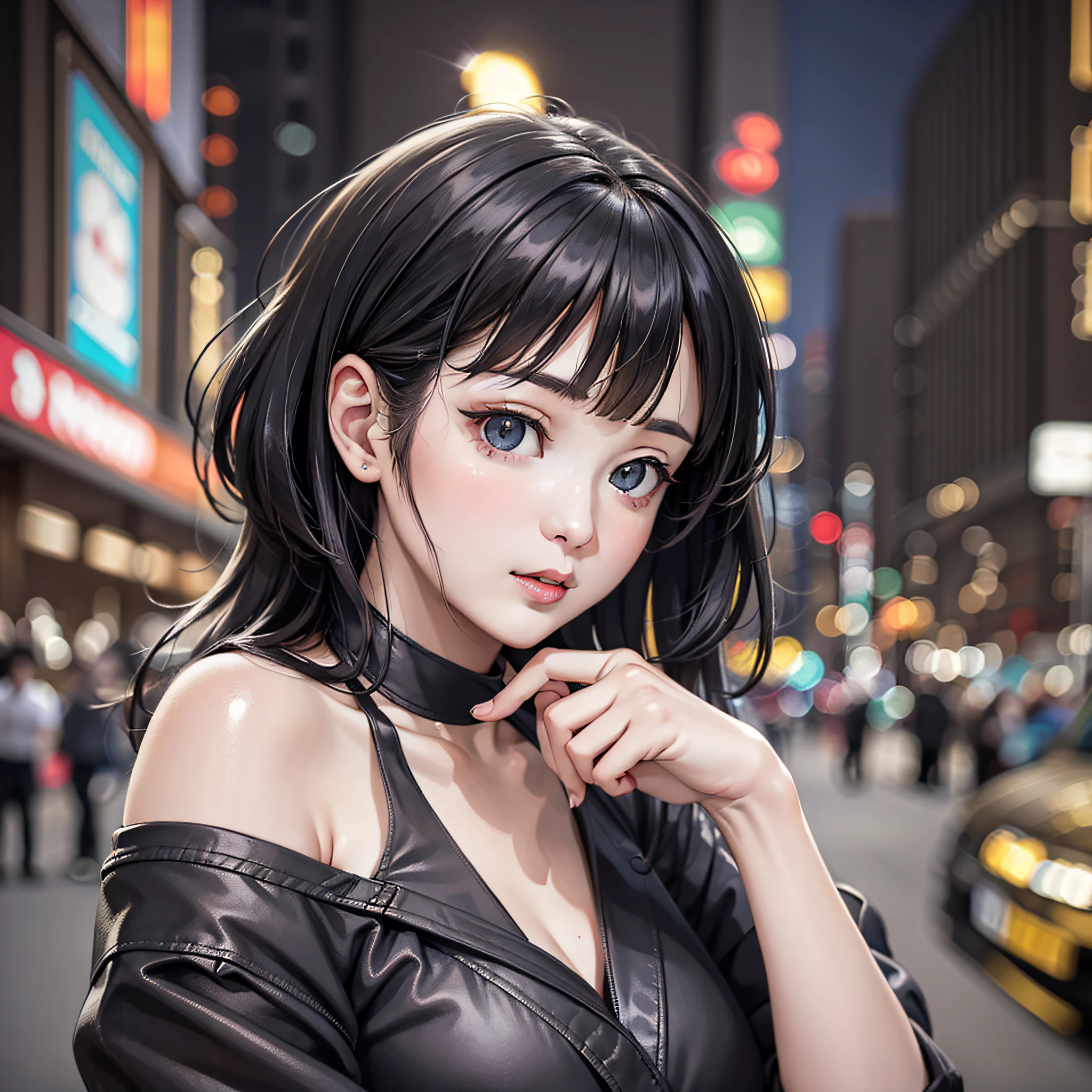 ((masterpiece)), best quality, ultra-detailed, high-resolution, an extremely delicate and beautiful portrait of a cute woman leaning against a black taxi in the night-time downtown, with striking black hair and beautiful eyes, surrounded by bright city lights, neon signs and a sense of mystery; です。