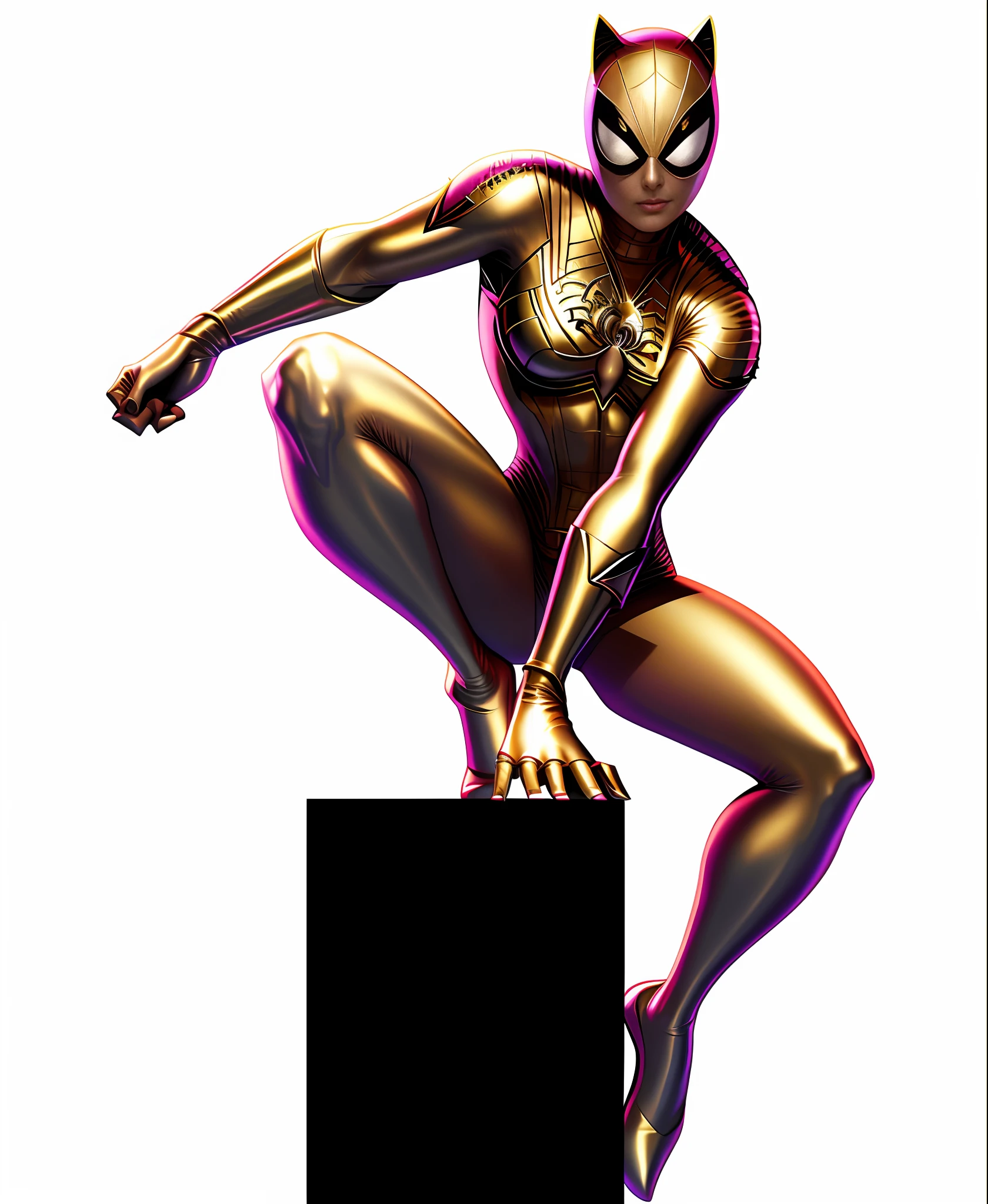 spider - man in a white suit is standing on a block, detailed full body concept, character posing for concept art, doja cat as cat woman, full body concept, beautiful full body concept art, posing for a fight intricate, character is in her natural pose, detailed full body concept art, pose study, catwoman, neutral pose, legs stretched!!! intricate