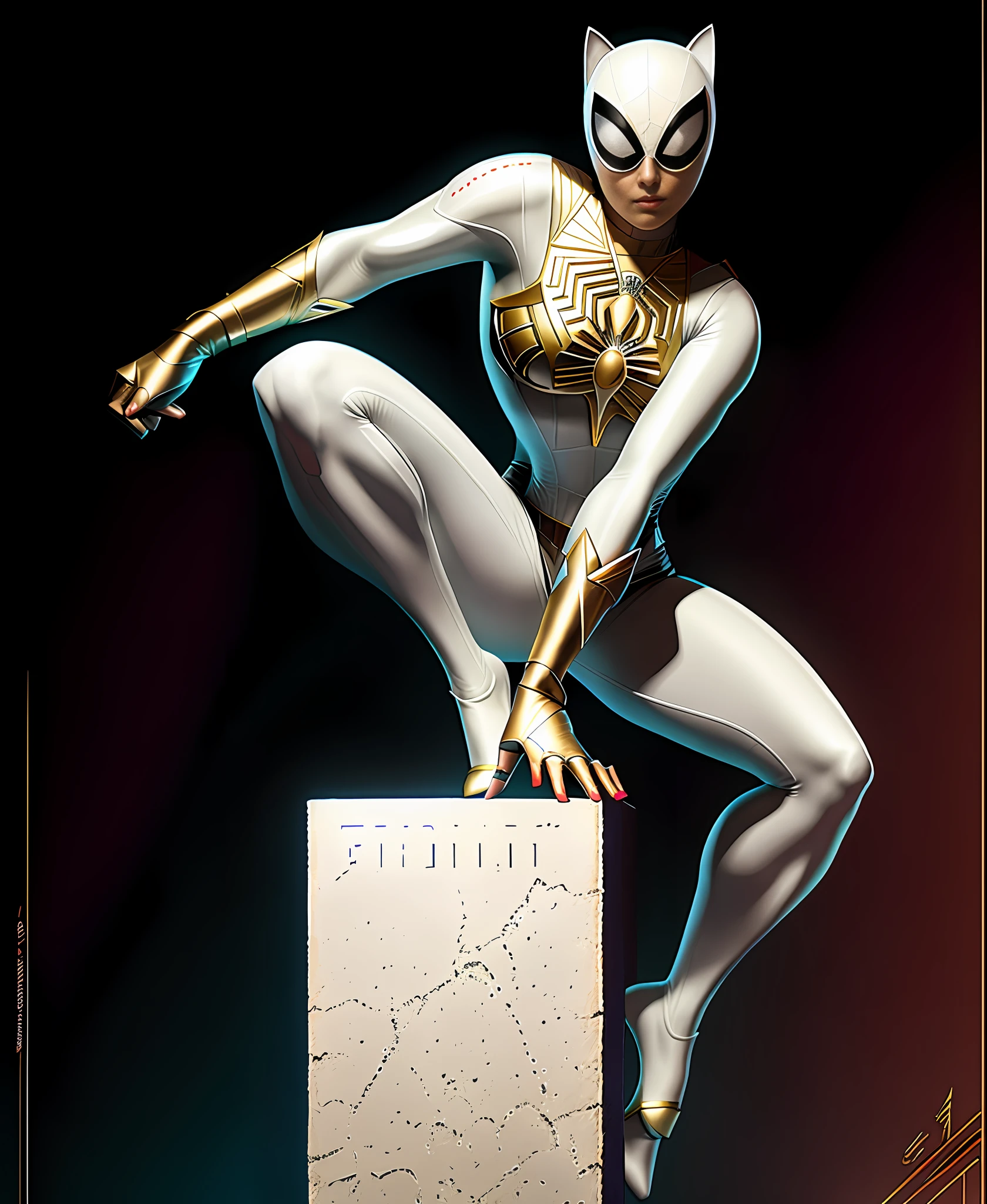 spider - man in a white suit is standing on a block, detailed full body concept, character posing for concept art, doja cat as cat woman, full body concept, beautiful full body concept art, posing for a fight intricate, character is in her natural pose, detailed full body concept art, pose study, catwoman, neutral pose, legs stretched!!! intricate