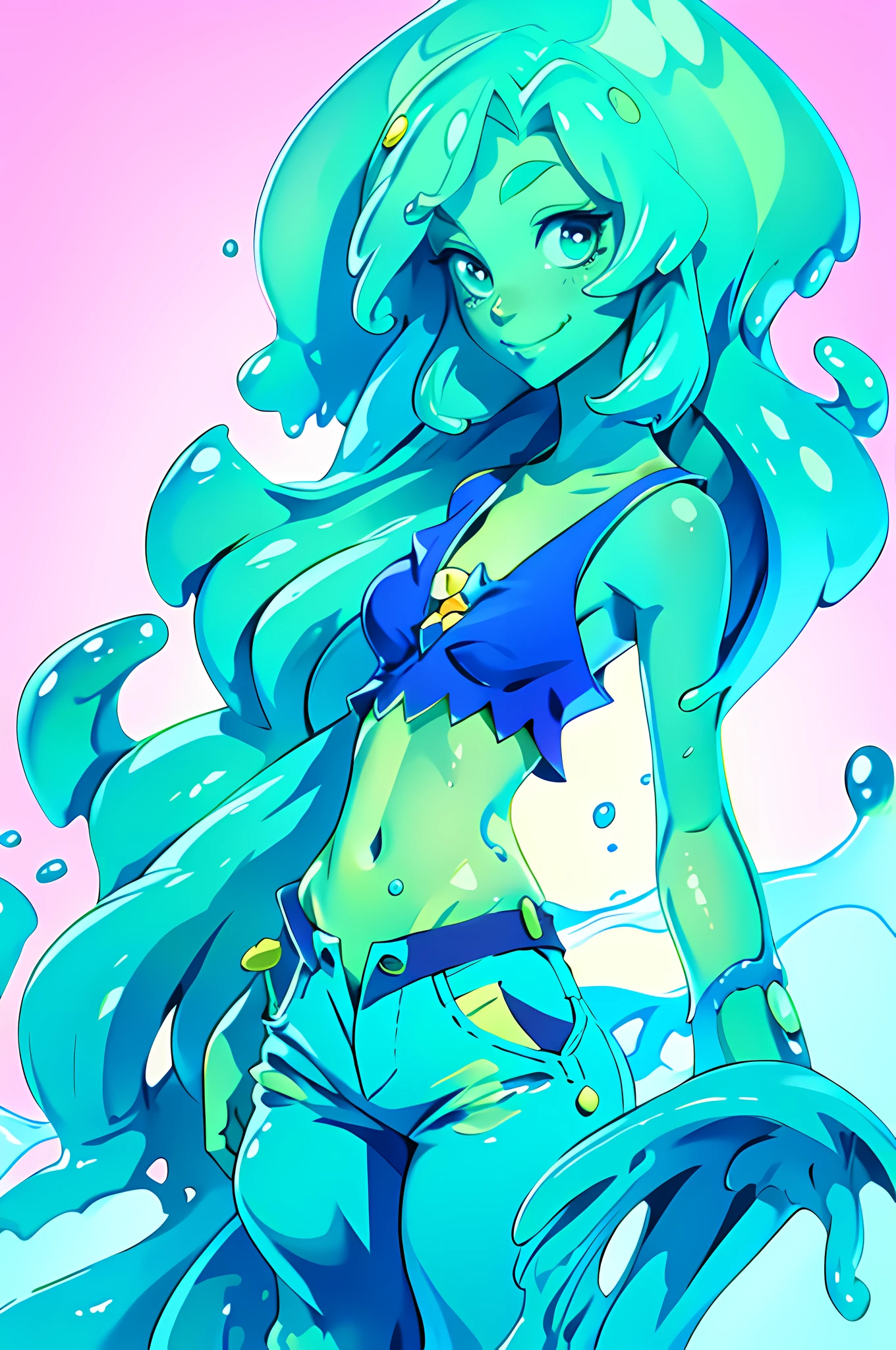 Highly detailed, high quality, masterpiece, Slimecore, monster girl, slime girl, smile, blue slime, cowboy throw, tank top, ((marion blue canvas pants))