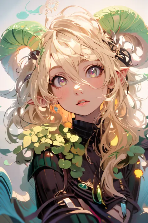 blond haired girl with horns and green leaves on her head, detailed digital anime art, loish and wlop, cute detailed digital art...