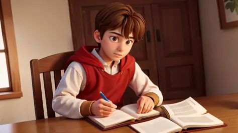 15 year old boy writing and reading, he has brown eyes and brown hair, wears medieval clothes, better quality, 4k, better lighti...