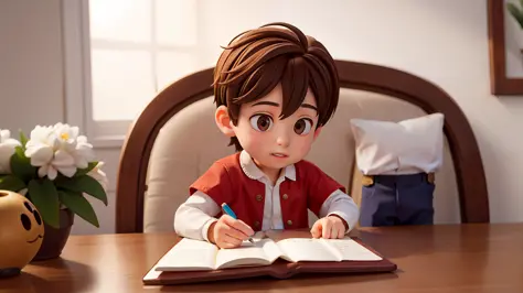 5 year old boy writing and reading, he has brown eyes and brown hair, wears medieval clothes, better quality, 4k, better lightin...