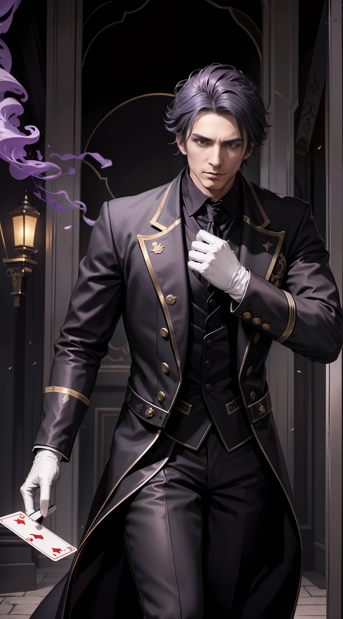 A man of 26, black hair and thrown back and a theater mask on his face, he dresses like a magician but in fact he is a skilled warrior with the (French saber) and with the playing cards he throws, his hair is black and is thrown back, he wears elegant clothes with the colors black and purple in addition to wearing white gloves he also and able to generate a very dense purple smoke (landscape a clock tower)