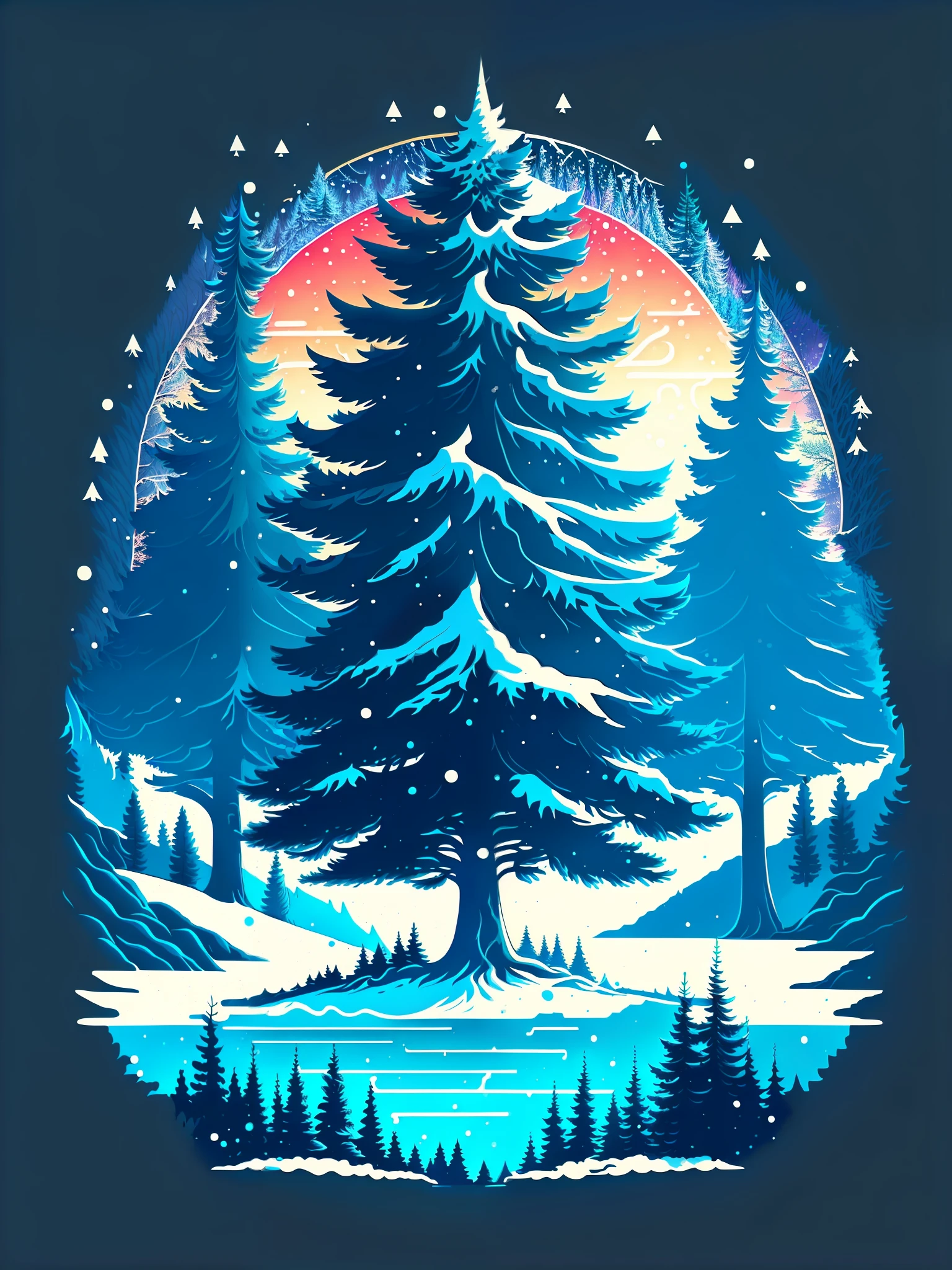 there is a picture of a snowy landscape with trees and a lake, beautiful pine tree landscape, winter concept art, winter forest, illustration style, highly detailed illustration, lush winter forest landscape, snow forest, background artwork, 🌲🌌, fir forest, jen bartel, snowy forest, snow glow, winter night, winter vibes, trees and stars background, procreate illustration