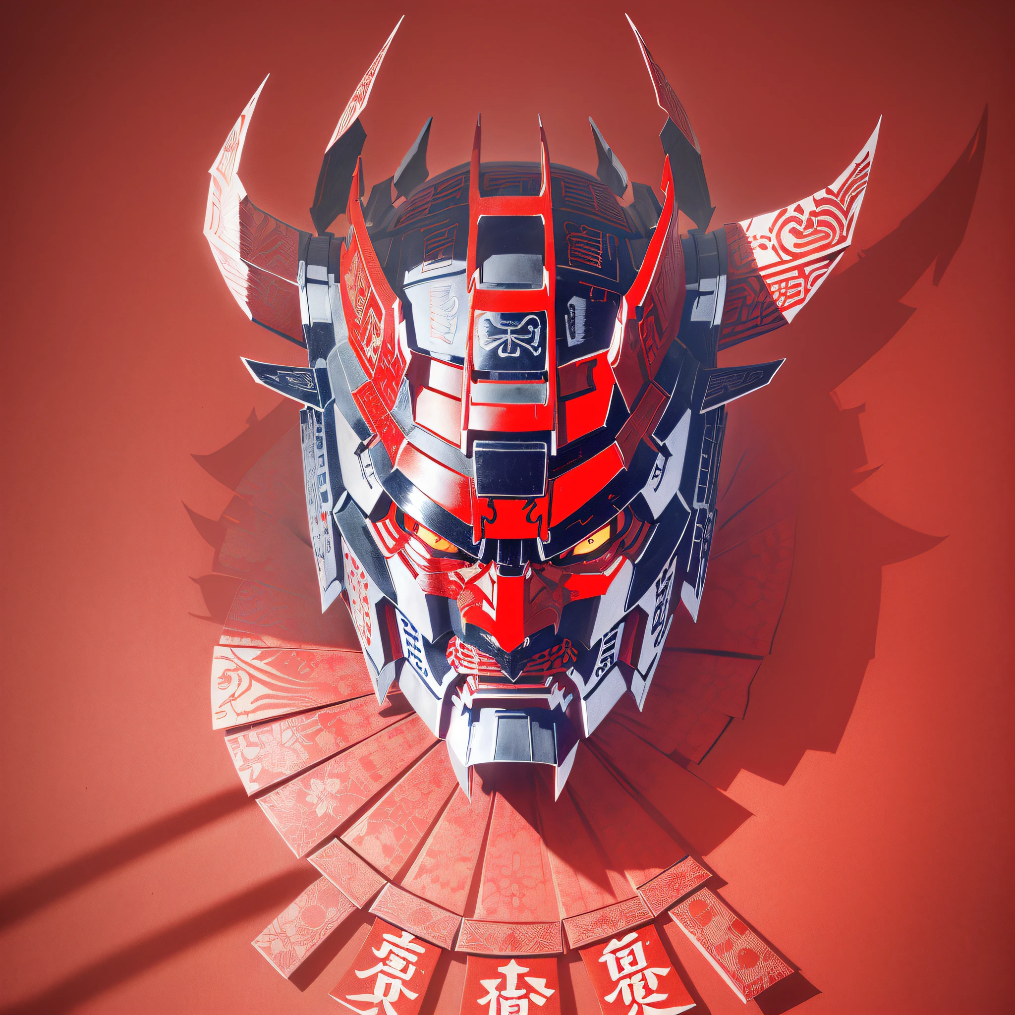 Optimus Prime ((Oni Hannya samurai mask with ancient Samurai Kabuto helmet)))), (((masterpiece))), best quality, ((Kirigami's Japanese paper cutting art)), ((Japanese paper cutting)), ((complicated paper cutting with many layers of paper)), ((each paper layer with shadows)), red background paper, single color on each paper layer, frontal, (symmetrical detailed Japanese tamon samurai mask),  Facial trasforms