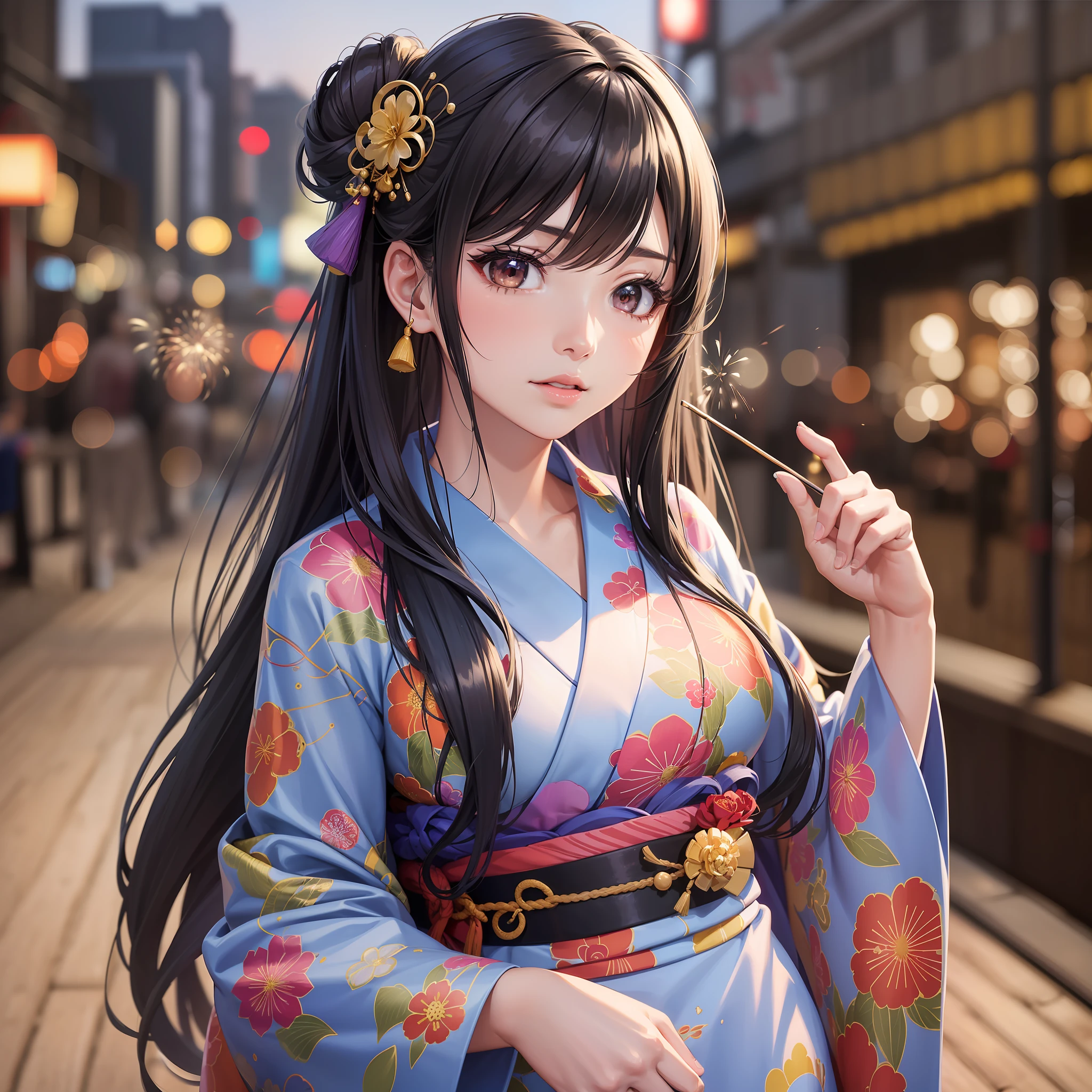 1 Beautiful Girl,8K,Best Quality,Masterpiece(3G),Perfect Body Line,22 years old,College student,Japanese style yukata (highest quality),Kanzashi,Highly detailed background (Fireworks display, quality of high quality,Night),Izu beauty,Japan person(quality highest quality),Beautiful lighting,Long hair (black hair,Moisturized hair quality)