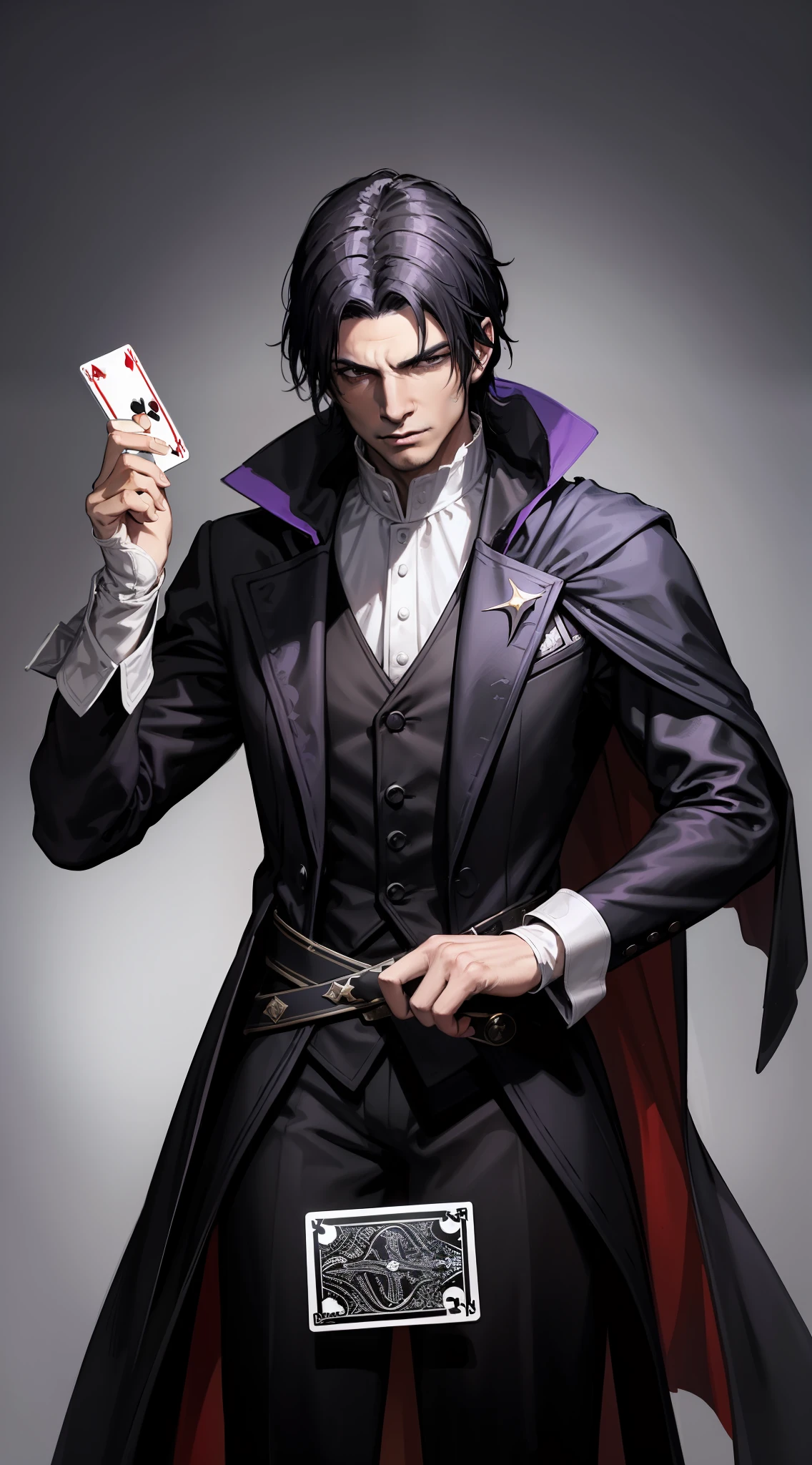 A man of 26, black hair and thrown back and a cloak covering his face, he dresses like a magician but in fact he is a skilled warrior with the (French saber) and with the playing cards he throws, his hair is black and is thrown back, he wears elegant clothes with the colors black and purple in addition to wearing white gloves