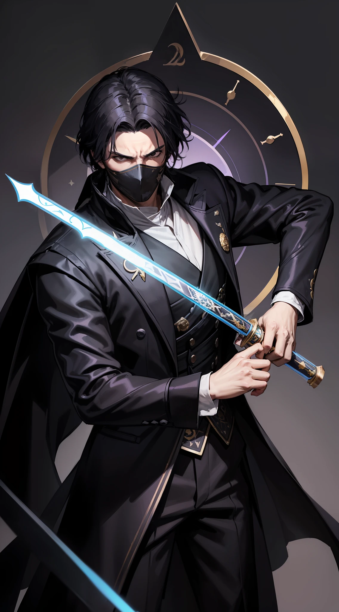 A man of 26, black hair and thrown back and a cloak covering his face, he dresses like a magician but in fact he is a skilled warrior with the (French saber) and with the playing cards he throws, his hair is black and is thrown back, he wears elegant clothes with the colors black and purple in addition to wearing white gloves (landscape a watch)