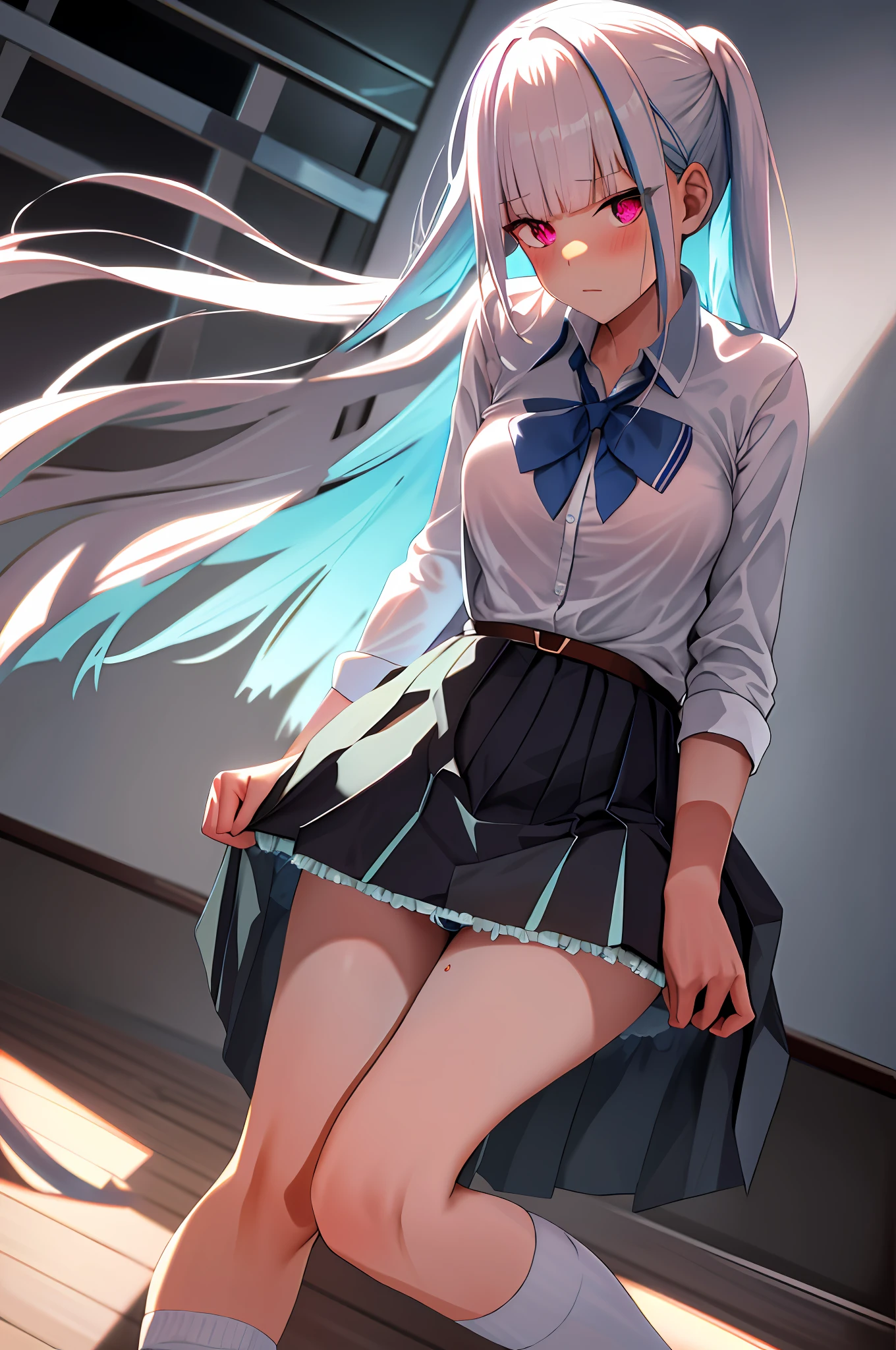 Masterpiece, Top Quality, High Resolution, Hi-Res, One Girl, Solo, Angle from Below, Skirt, Shirt, Pink Eyes, White Y-shirt, Unbuttoned, Unbuttoned, Fluffy, Cleavage,Protruding Nipples, Hard, Pleated Skirt, Socks, Black Skirt, Long Hair, Long Sleeves, Bangs, School Uniform, Black Socks, Dress Shirt, Troubled Look,Blushing, Sweaty, Drenched, Sheer view, Sheer clothing, Wind-blown skirt, Lift up skirt, Crotch line, Hip line, White underwear, Panty shots, Beautiful leg line, Water droplets running down your legs, Drenched lower body, Wet waist, Excess crotch droplets, Body parts three-dimensionality, Exposed underwear, Realistic skin texture, Focused on feet, Kneeling, Knees spread, Bright room, Finger shifting panties position, lighting from below, bitten panties