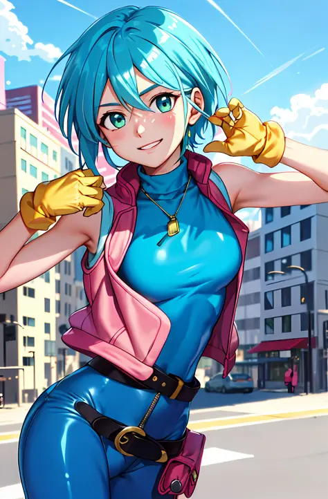 (Masterpiece), (Best Quality), (perfect face),1girl, allenby, pink vest,(aqua hair1.2), blue bodysuit, cowboy shot, belt, yellow...