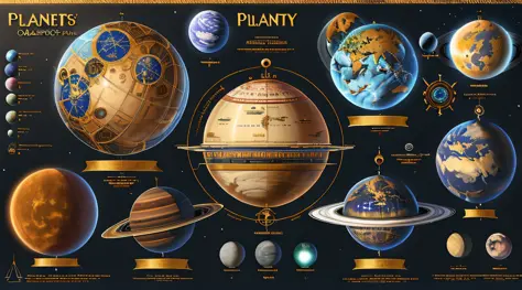 (Best quality),(masterpiece),(ultra detailed),(high detailed),(extremely detailed),an infographic map of planets with intricate details and mechanical devices, labeled diagrams, highly detailed, fantasy background, occult, 8k, occult, sci-fi