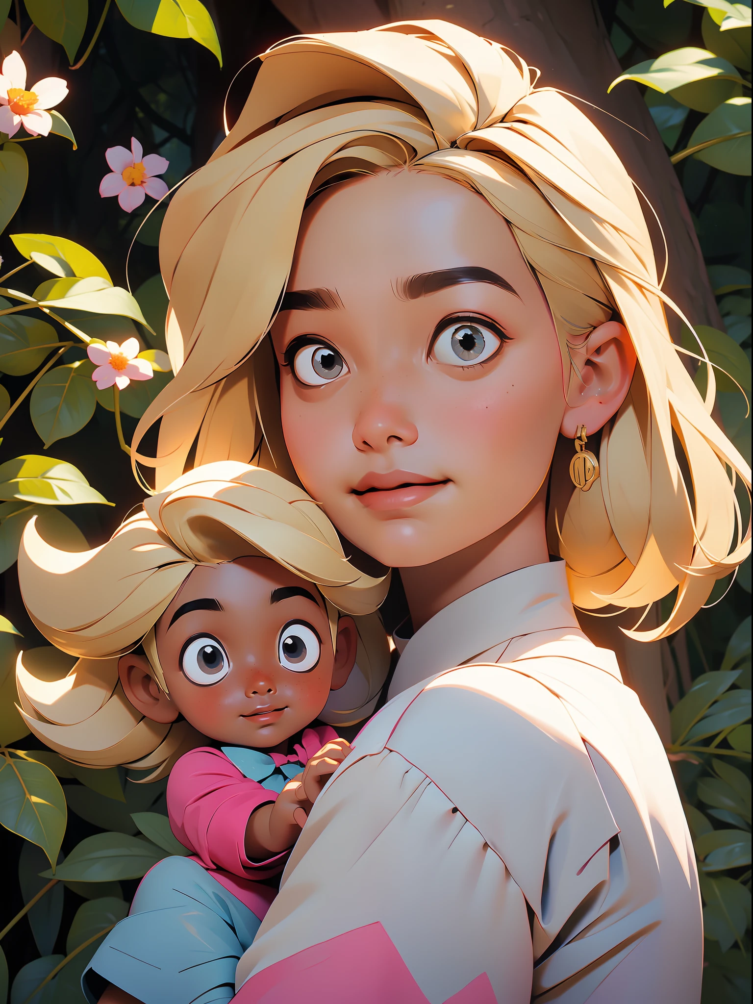 ((melhor qualidade)), ((Obra de arte)), Close-up de uma menina brincando com uma boneca em um parque, Muitas árvores e flores, Ela está sorrindo, laço na cabeça dela, cabelo loiro em um final de tarde