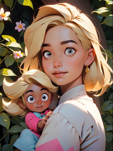 ((best quality)), ((masterpiece)), Close-up of a girl playing with a doll in a park, lots of trees and flowers, she's smiling, n...